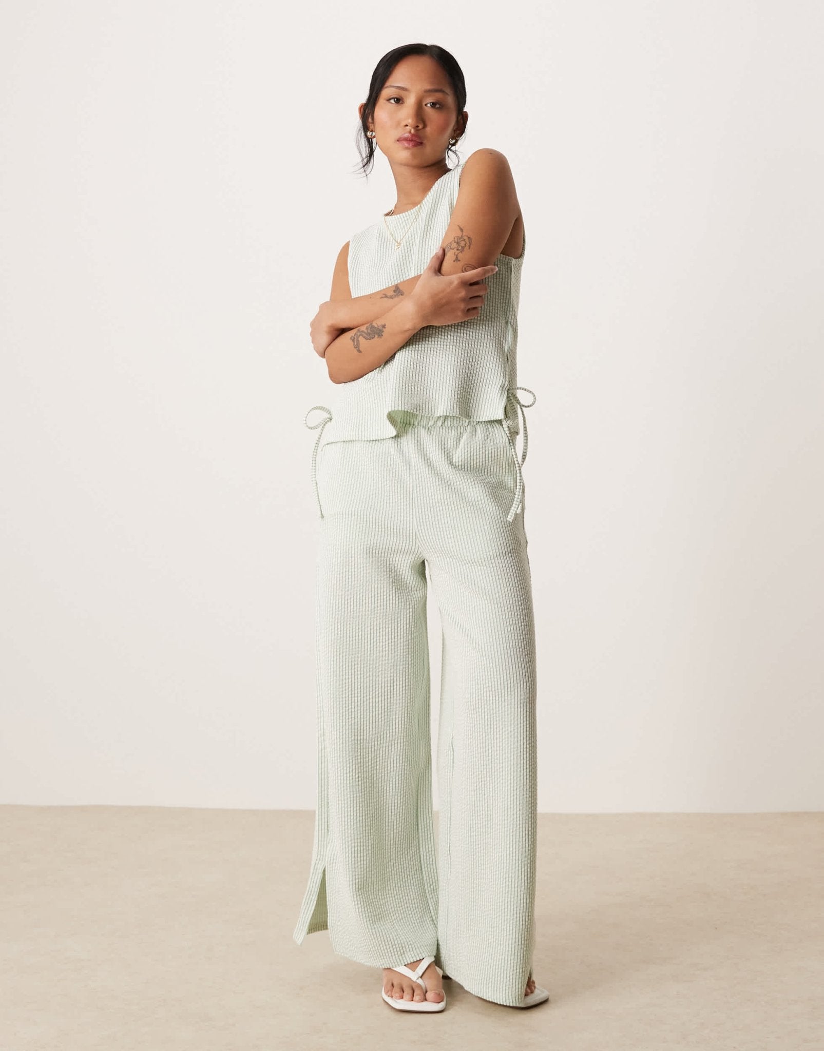 Vila Petite textured stripe wide leg trouser co - ord in green and cream - ASOS Sample Sale