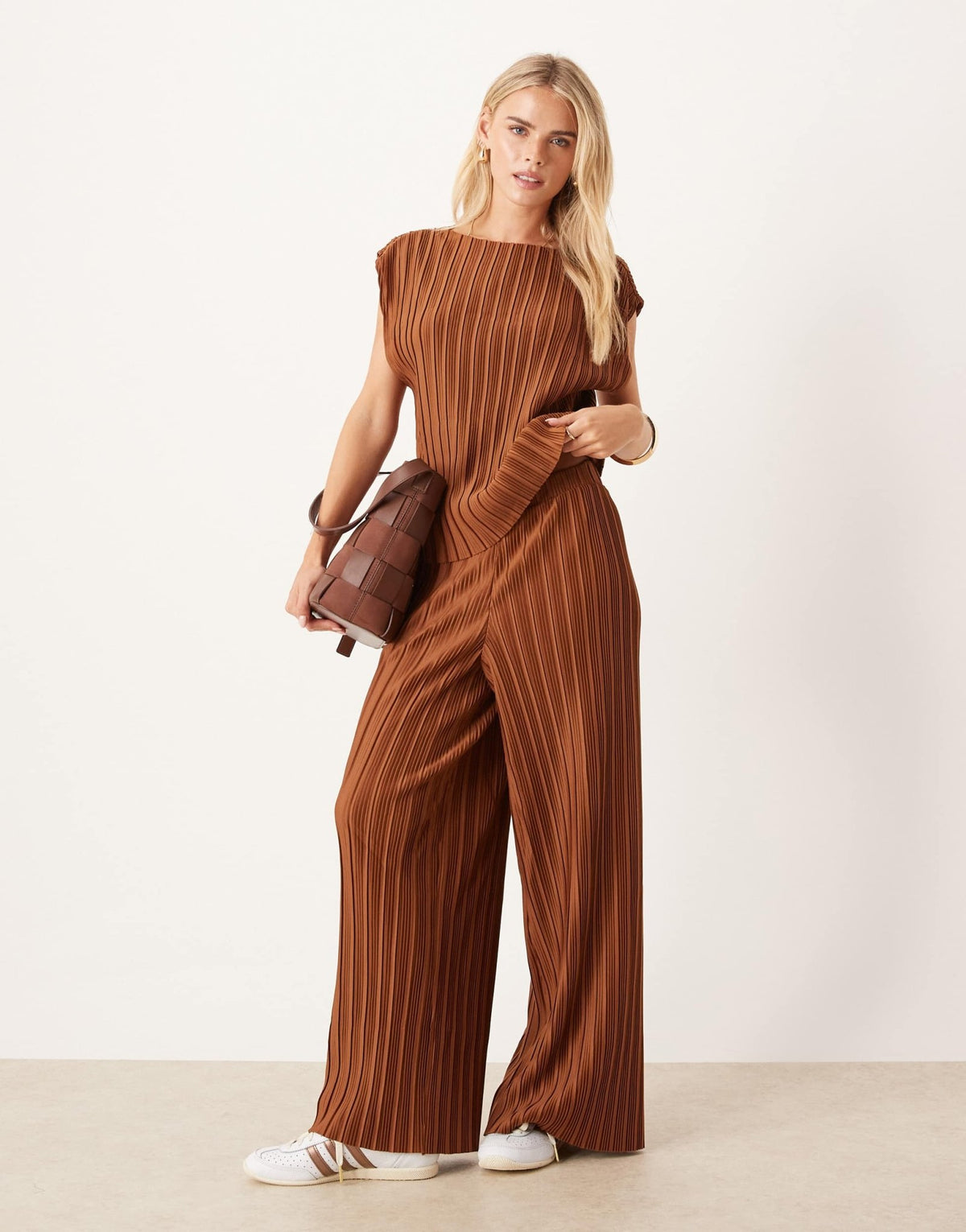 Vila Petite wide leg plisse trousers co-ord in bronze - ASOS Sample Sale