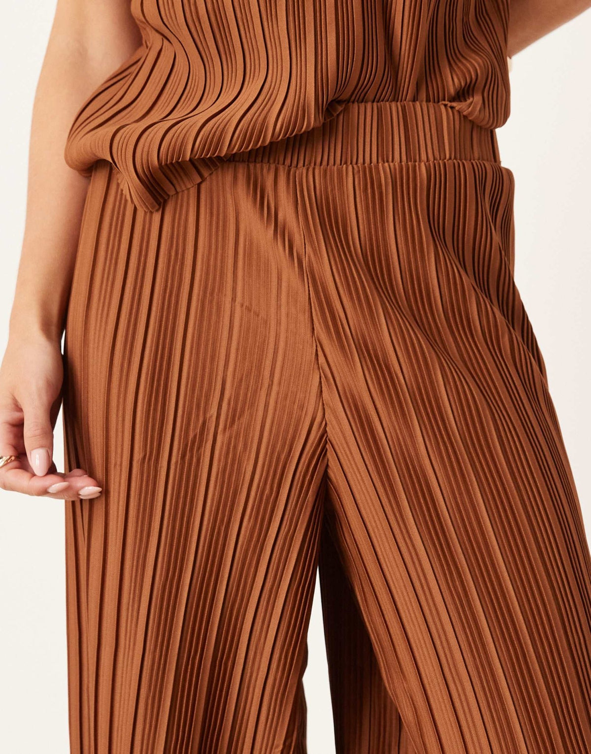 Vila Petite wide leg plisse trousers co-ord in bronze - ASOS Sample Sale