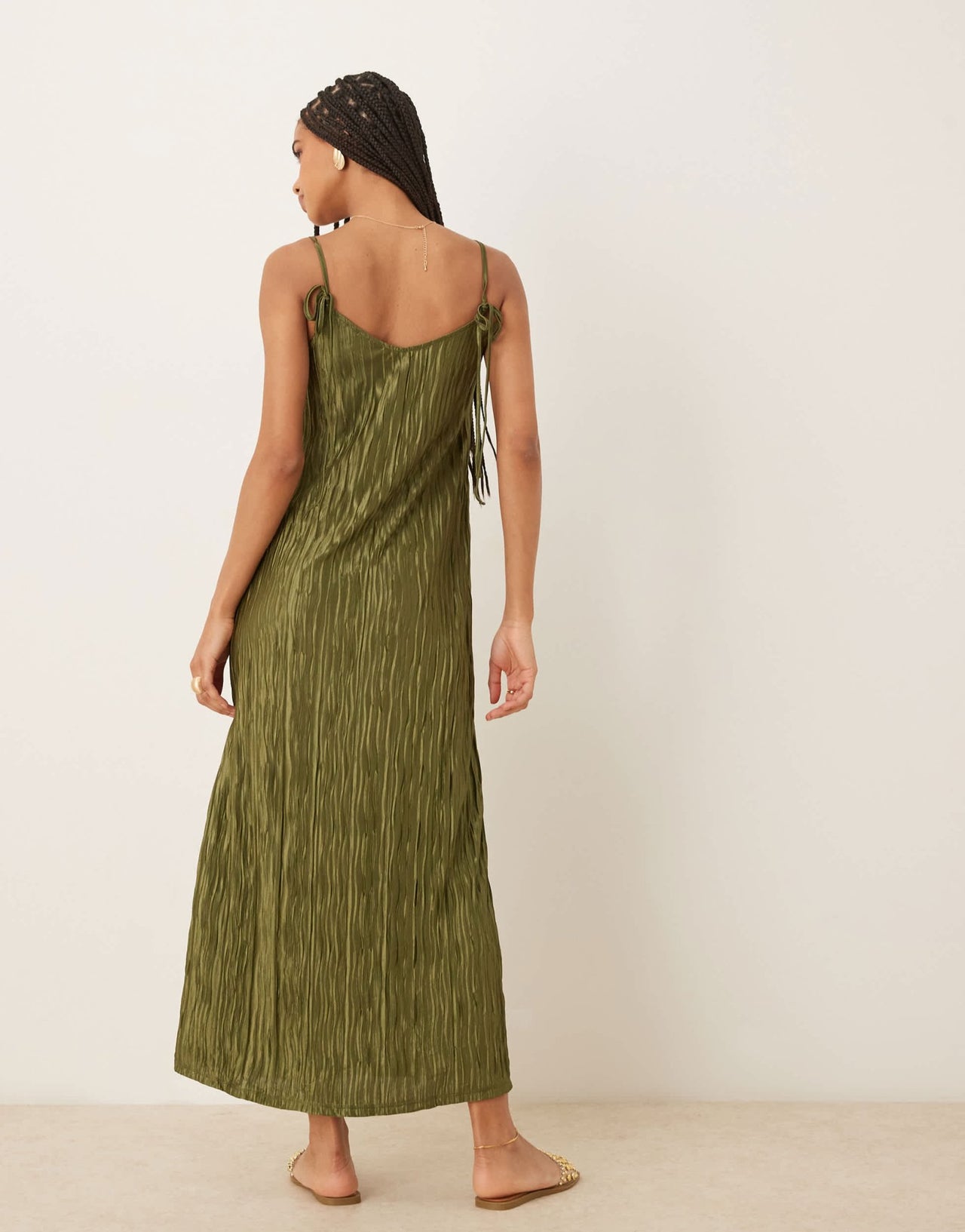 Vila plisse cami maxi slip dress in olive green - ASOS Sample Sale