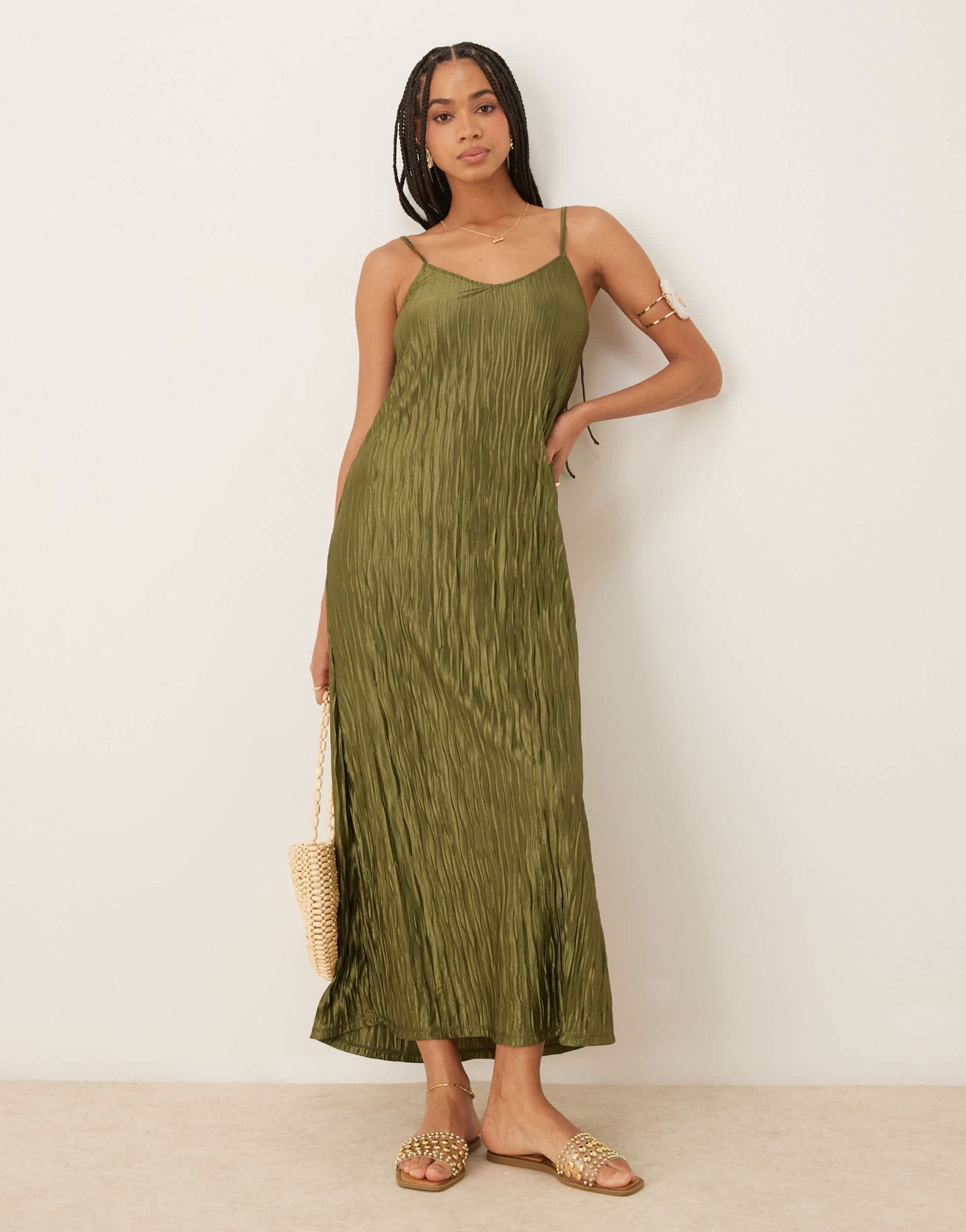 Vila plisse cami maxi slip dress in olive green - ASOS Sample Sale