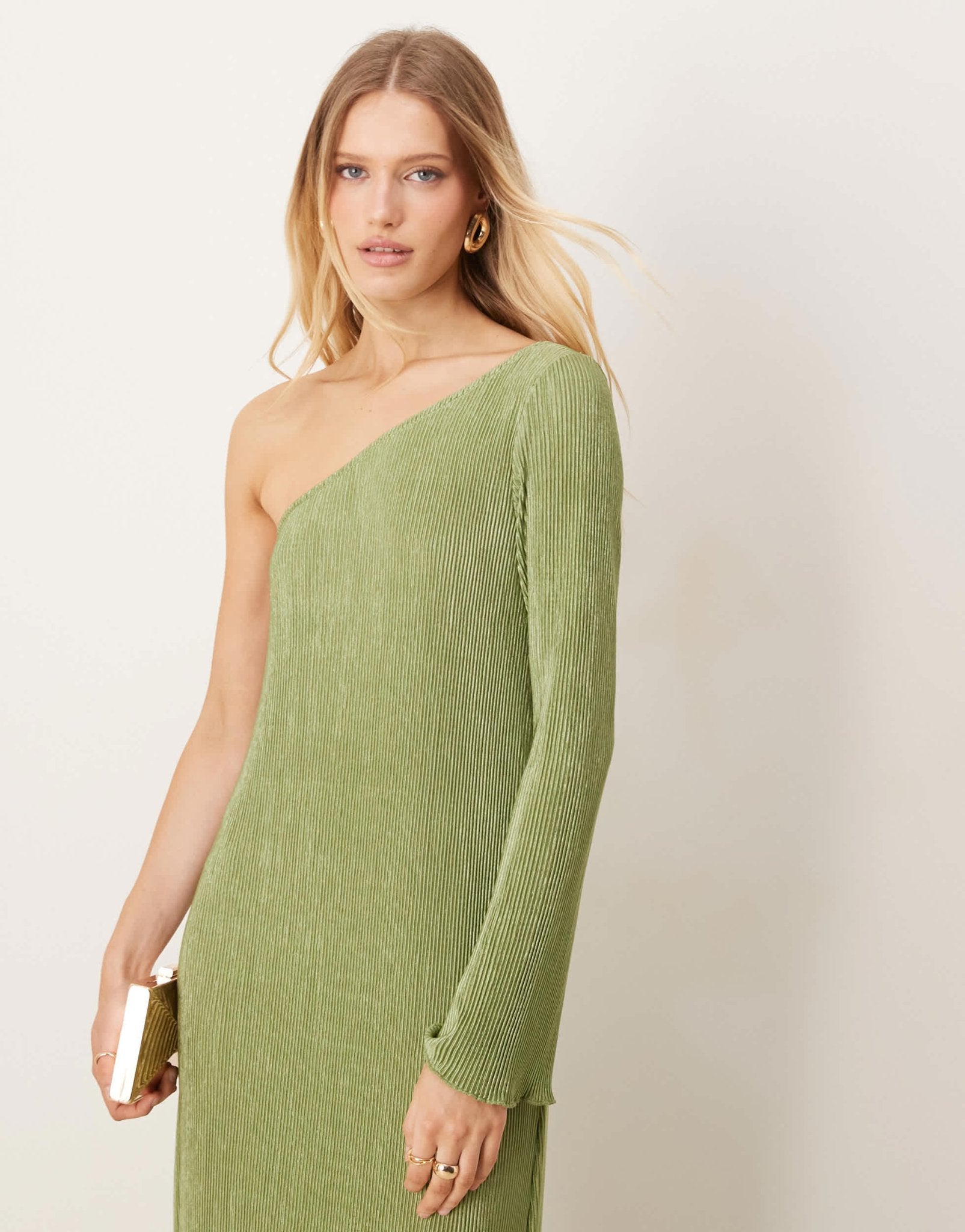 Vila plisse one shoulder long sleeve maxi dress in sage green - ASOS Sample Sale