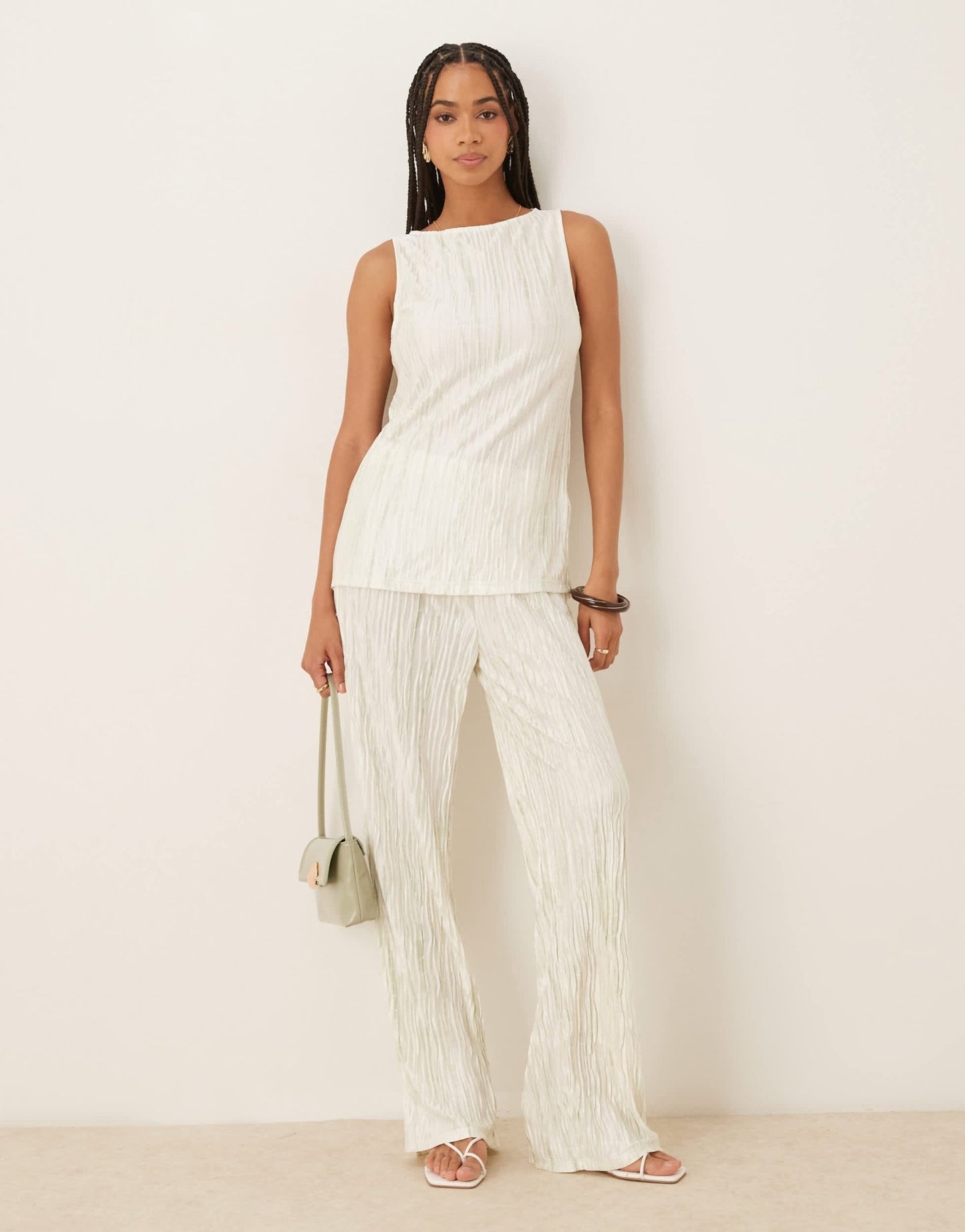 Vila plisse slash neck sleeveless top co-ord in pale silt green tie dye - ASOS Sample Sale