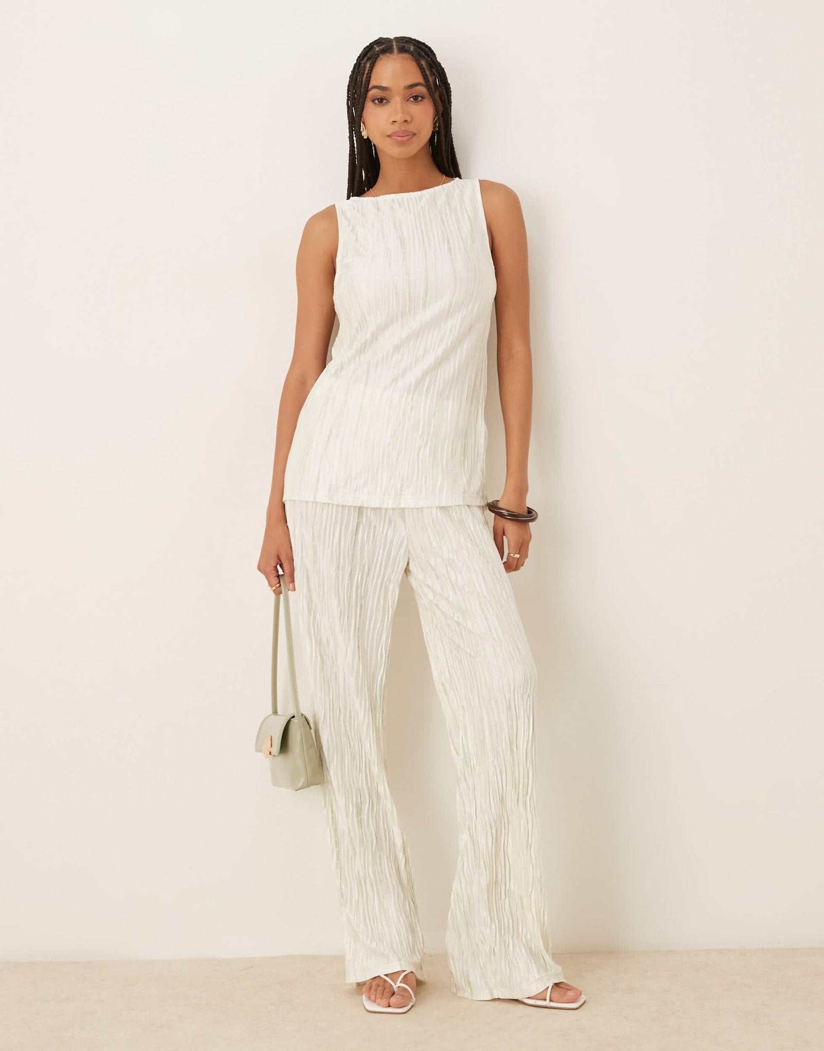 Vila plisse slash neck sleeveless top co-ord in pale silt green tie dye - ASOS Sample Sale