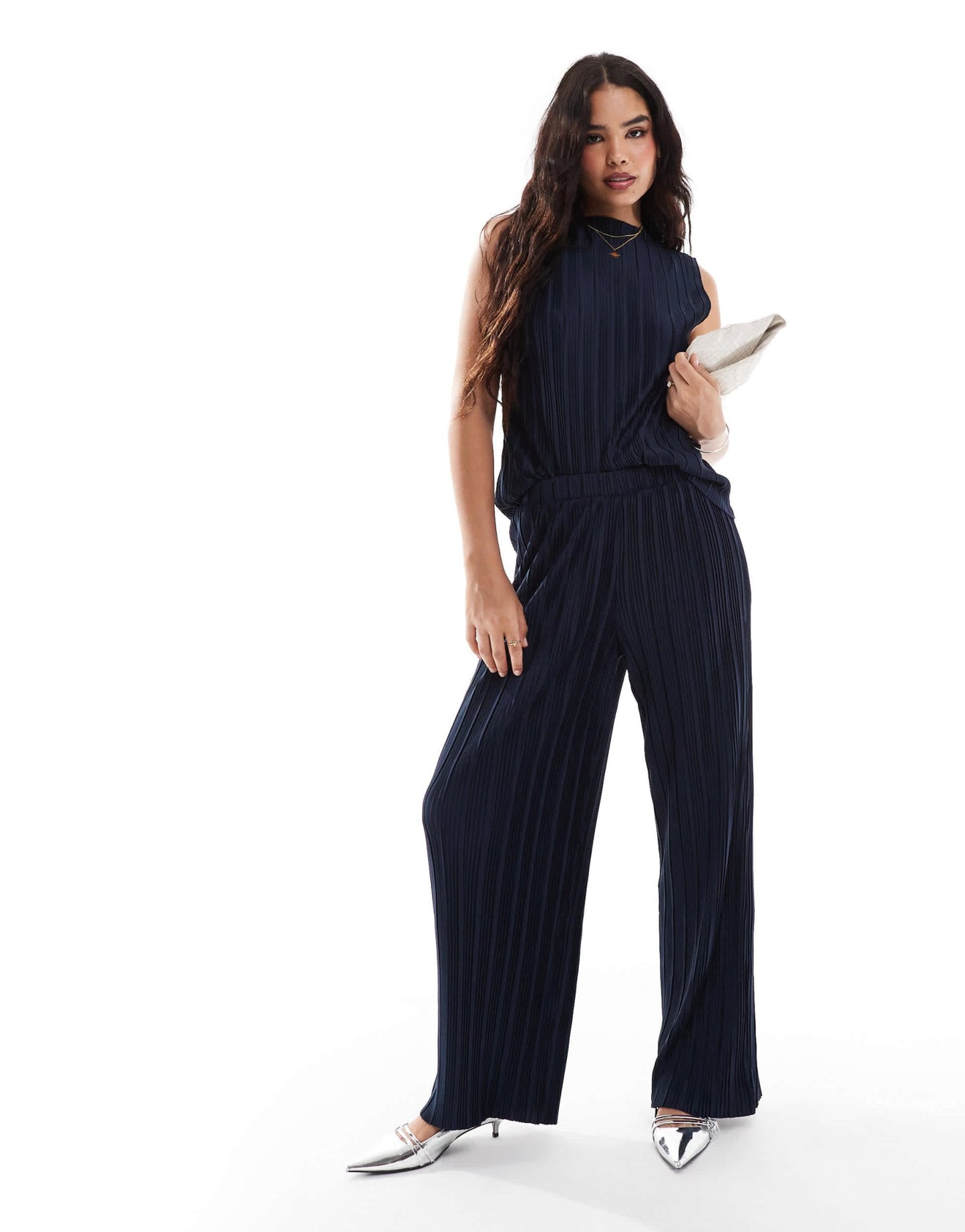 Vila plisse wide leg trouser co - ord in navy - ASOS Sample Sale
