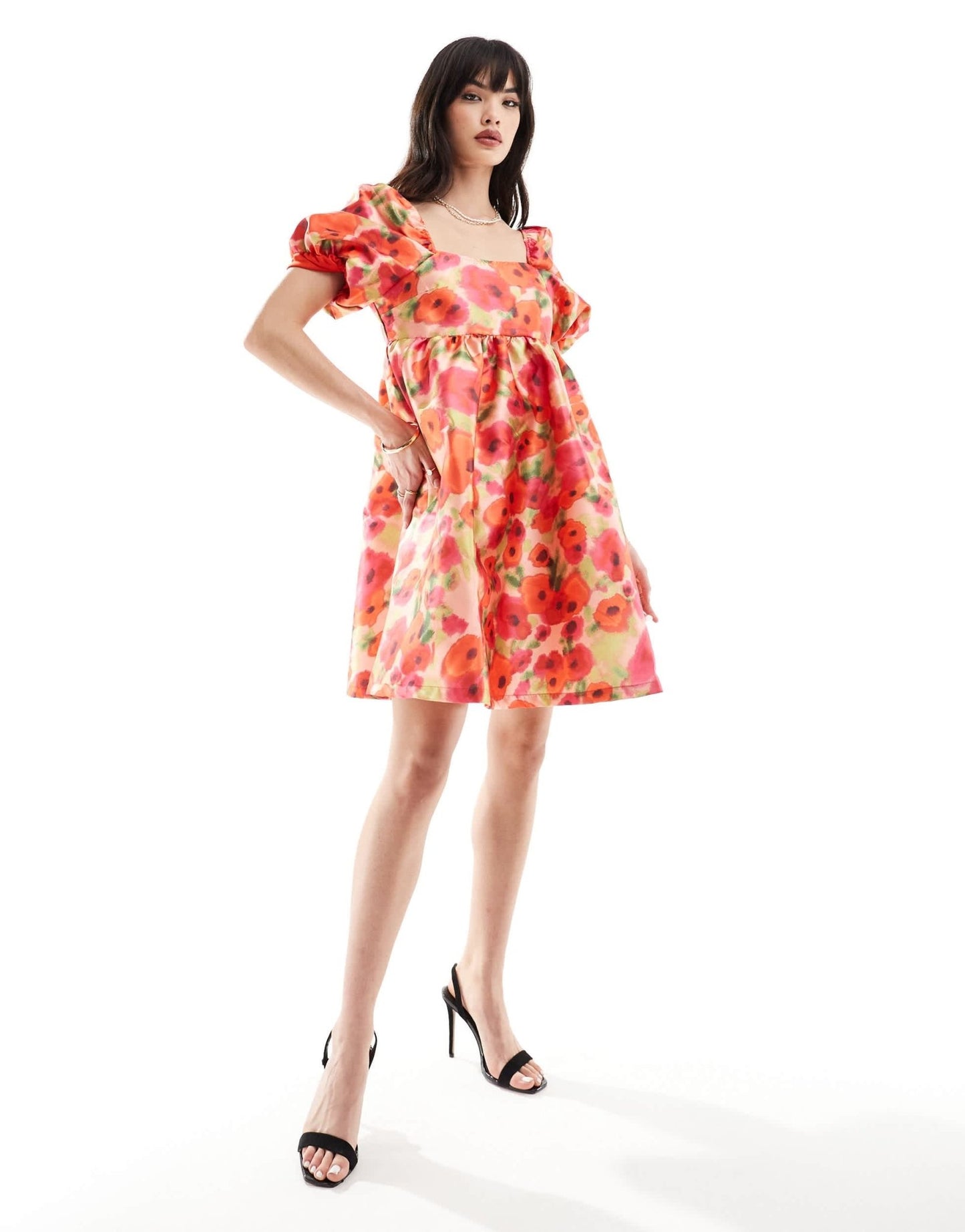 Vila puff sleeve smock mini dress in red poppy print - ASOS Sample Sale