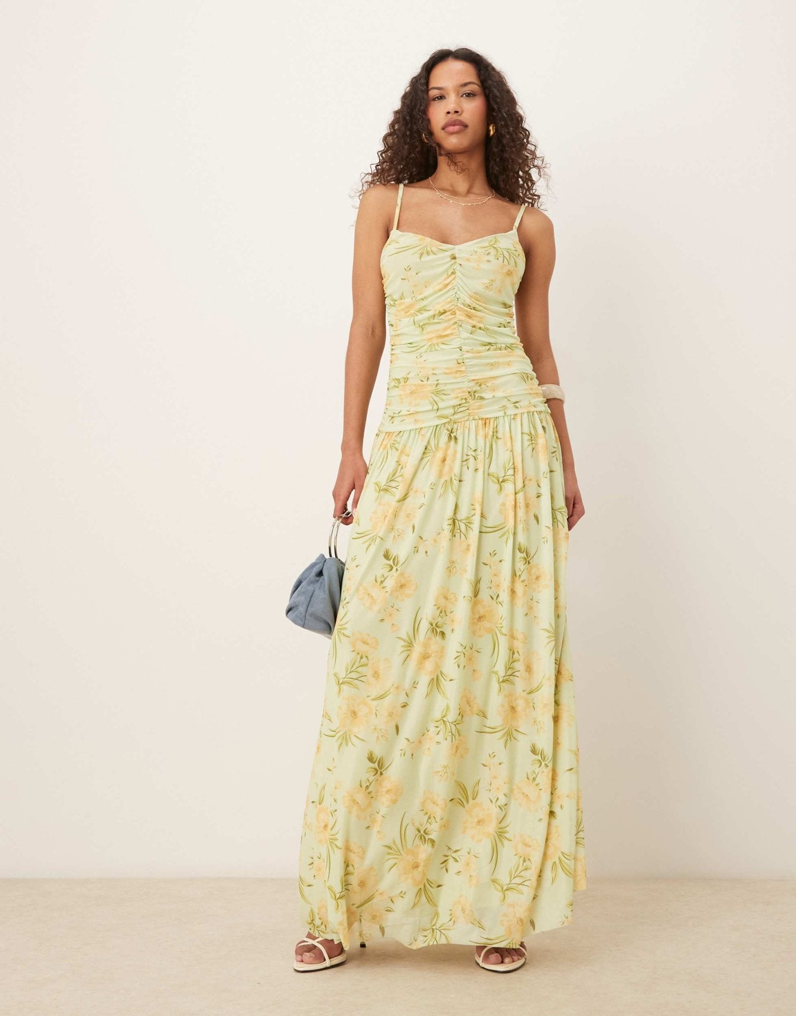 Vila ruched mesh maxi dress in yellow floral print - ASOS Sample Sale