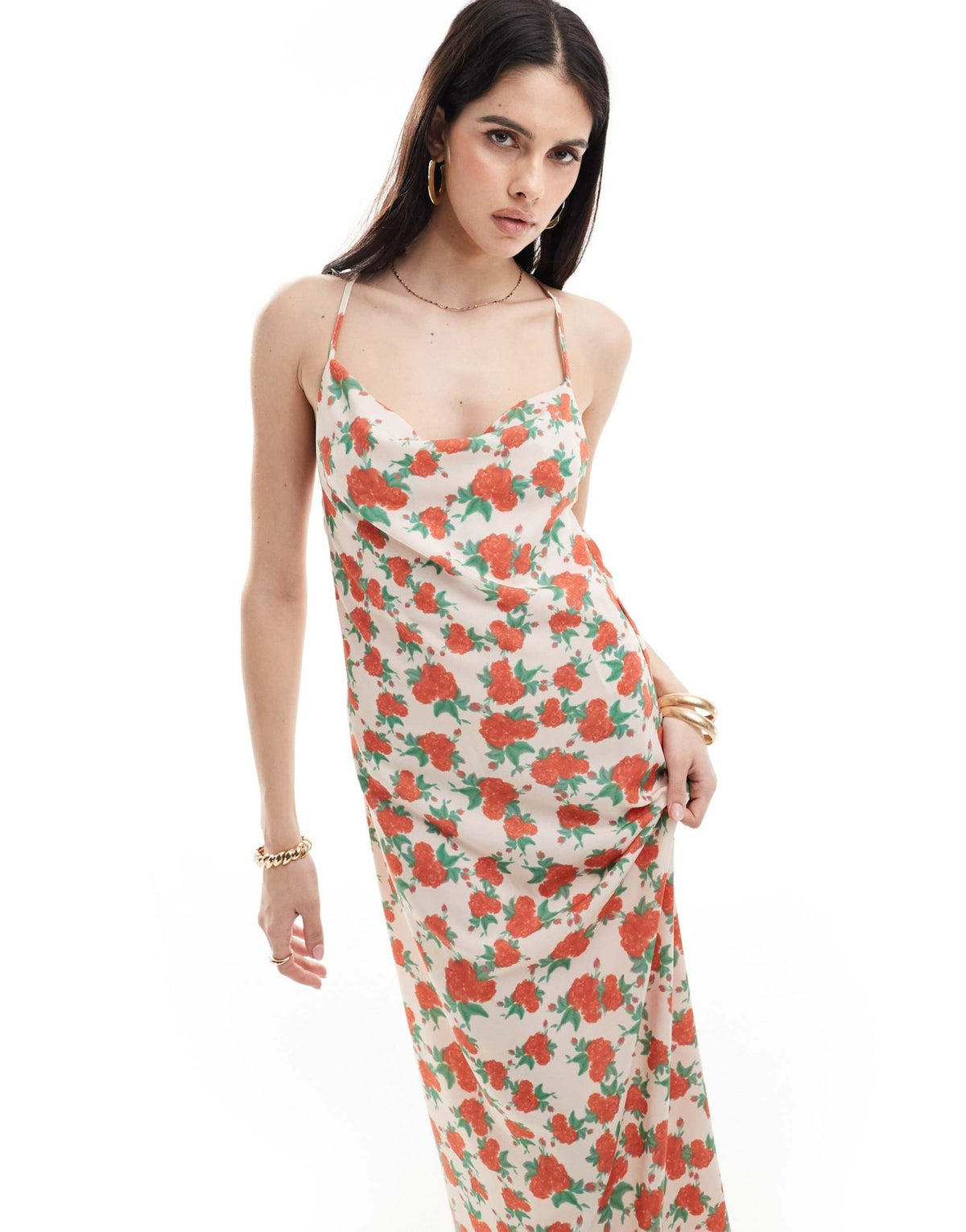 Vila satin low cowl back cami maxi dress in rose print - ASOS Sample Sale