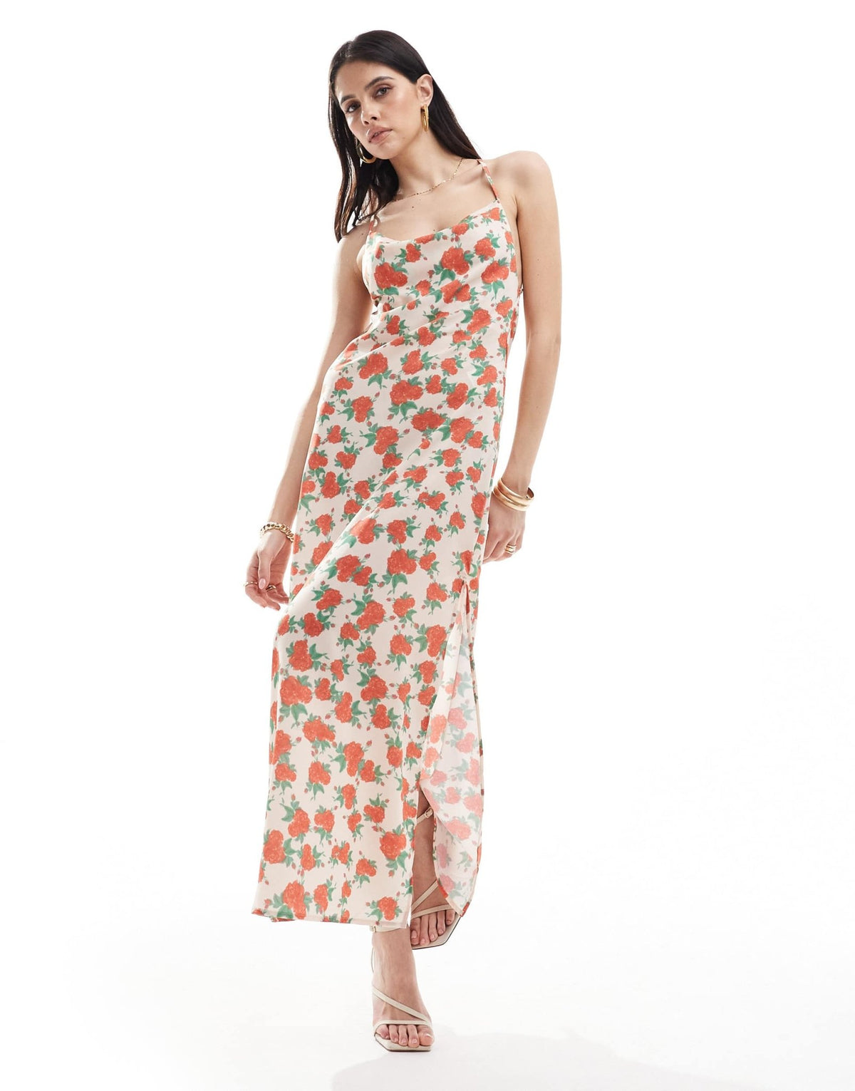 Vila satin low cowl back cami maxi dress in rose print - ASOS Sample Sale