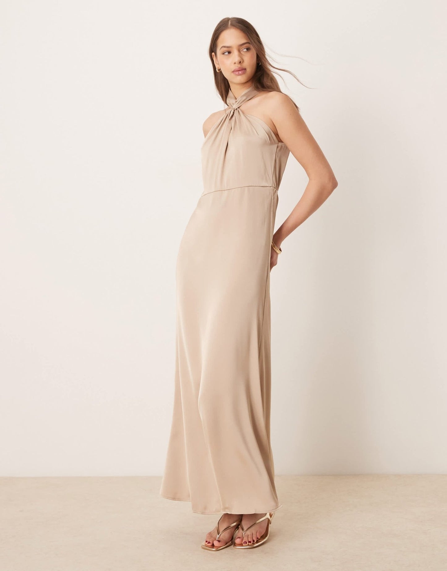 Vila satin twist halterneck midi dress in beige - ASOS Sample Sale