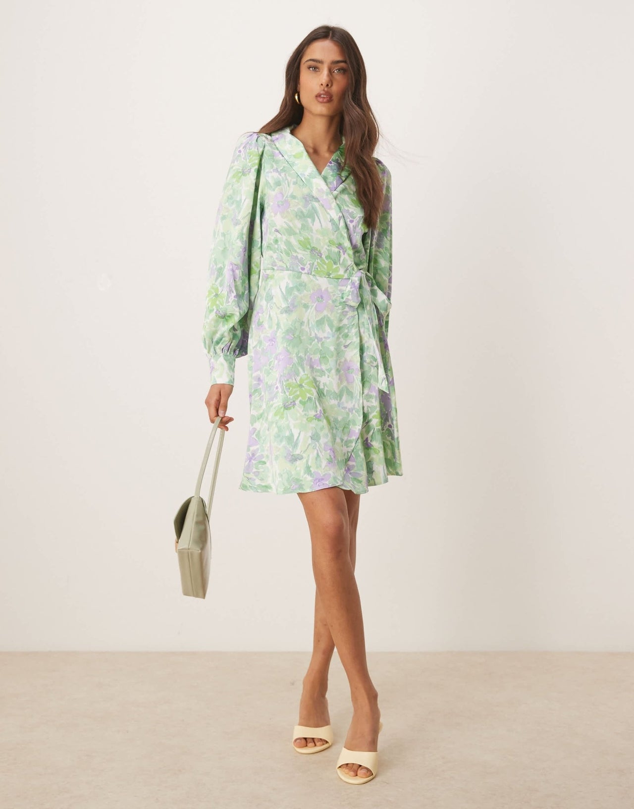 Vila satin wrap mini dress in summer green floral print - ASOS Sample Sale