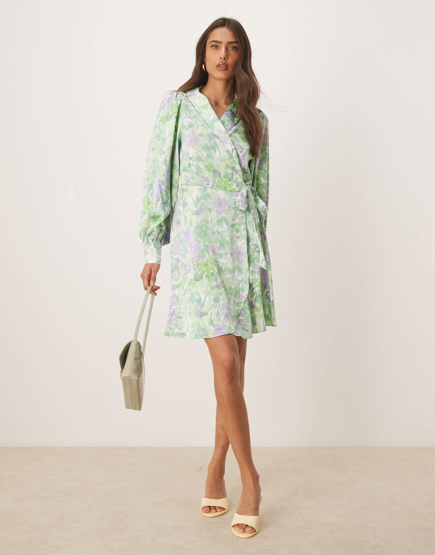 Vila satin wrap mini dress in summer green floral print - ASOS Sample Sale