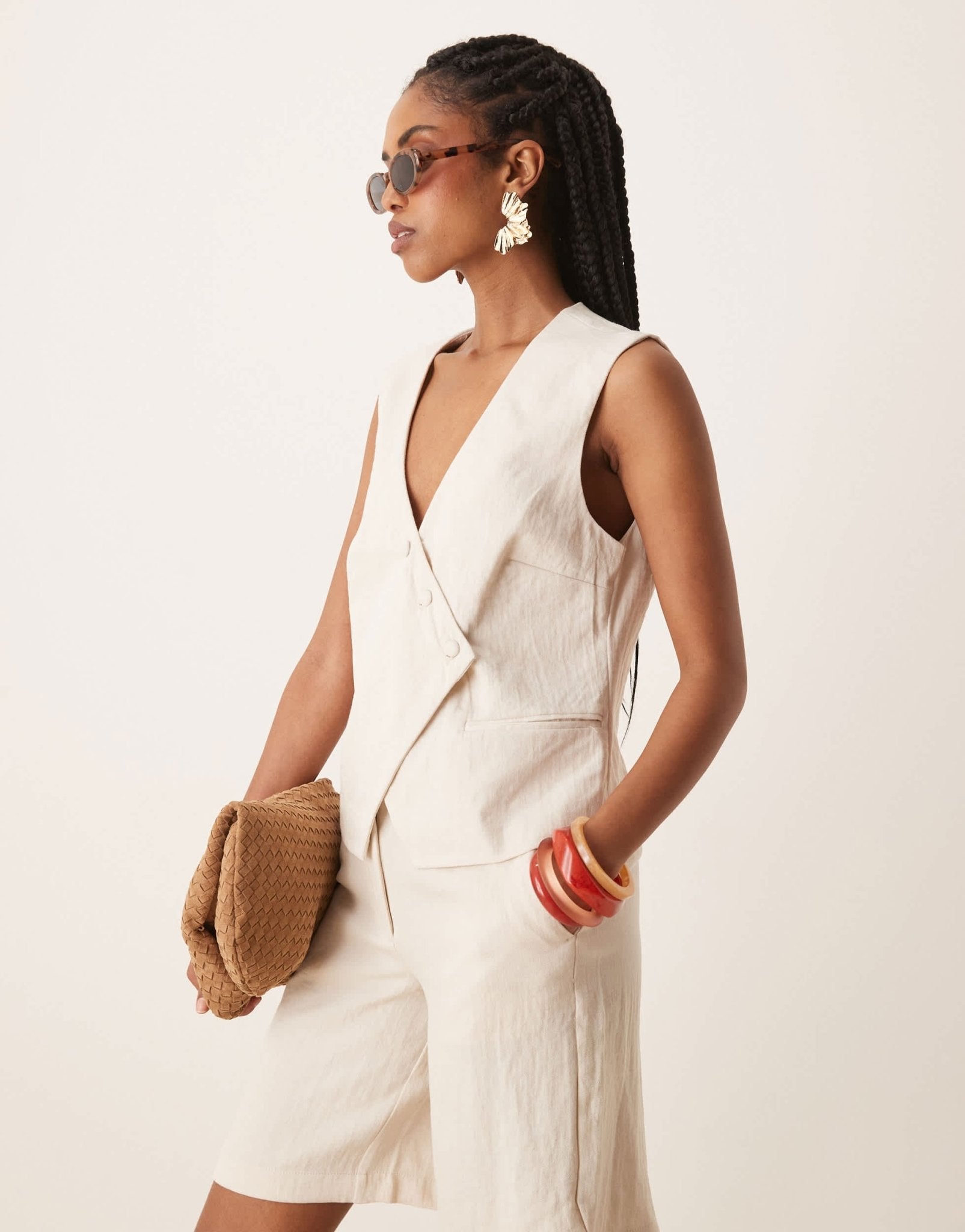 Vila tailored asymmetrical placket detail waistcoat co-ord in birch cream - ASOS Sample Sale