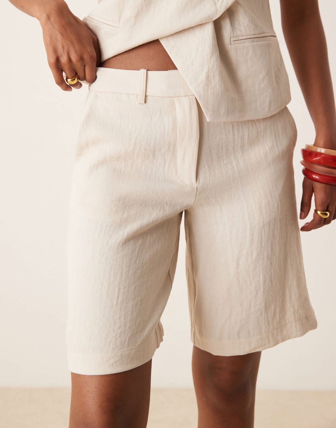 Vila tailored high waist longline short co-ord in birch cream - ASOS Sample Sale