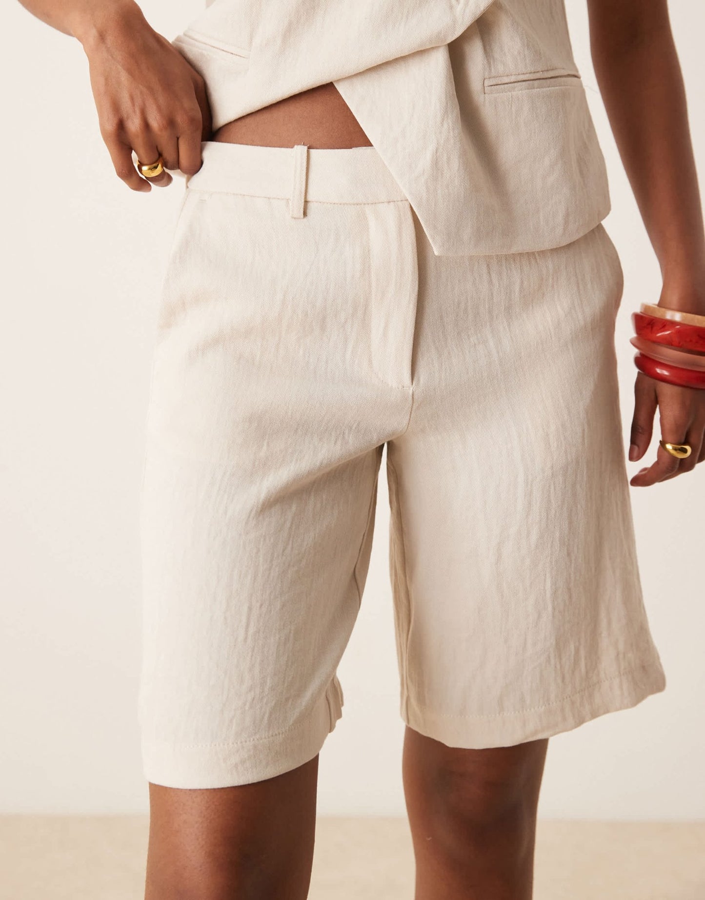 Vila tailored high waist longline short co-ord in birch cream - ASOS Sample Sale