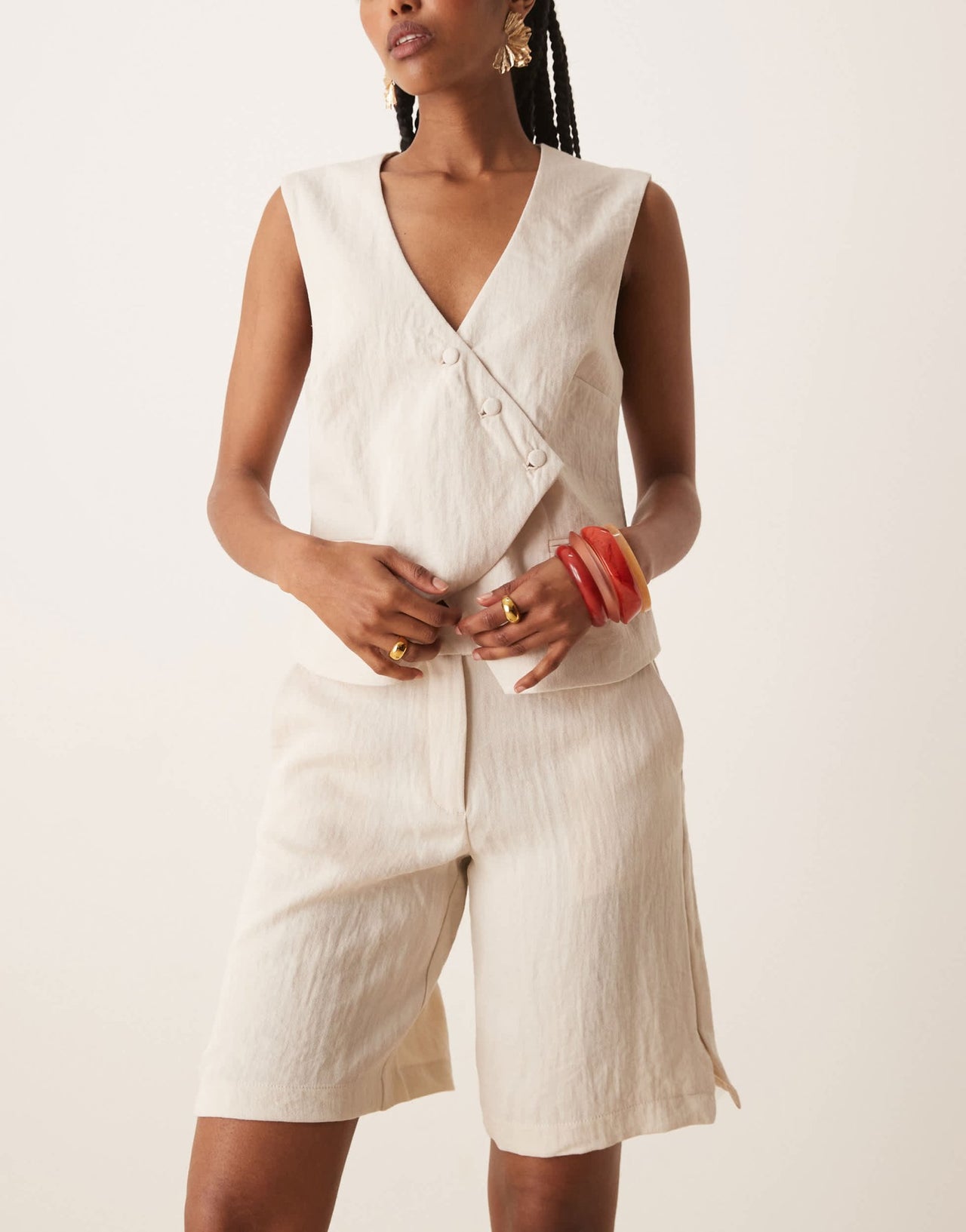Vila tailored high waist longline short co-ord in birch cream - ASOS Sample Sale