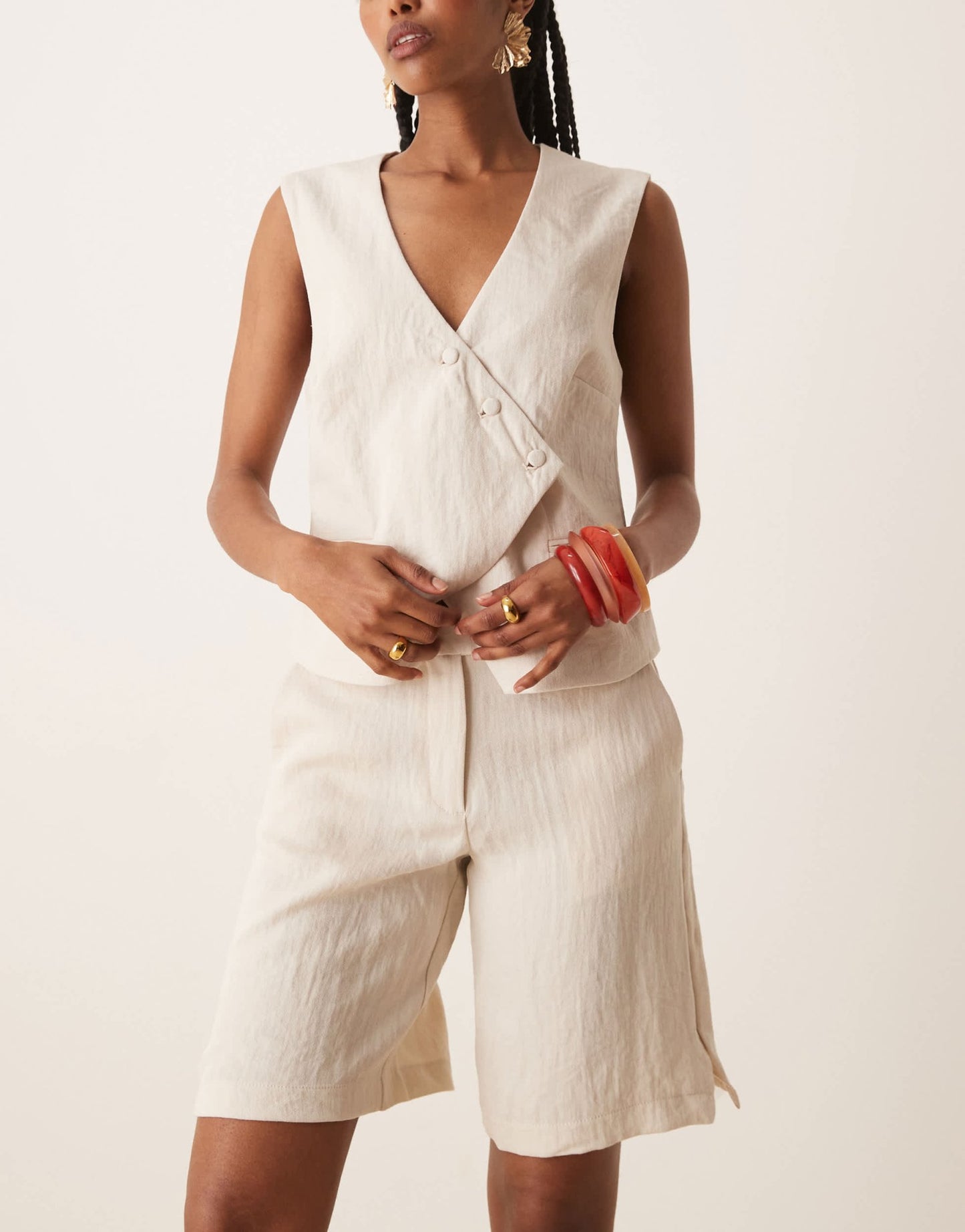Vila tailored high waist longline short co-ord in birch cream - ASOS Sample Sale