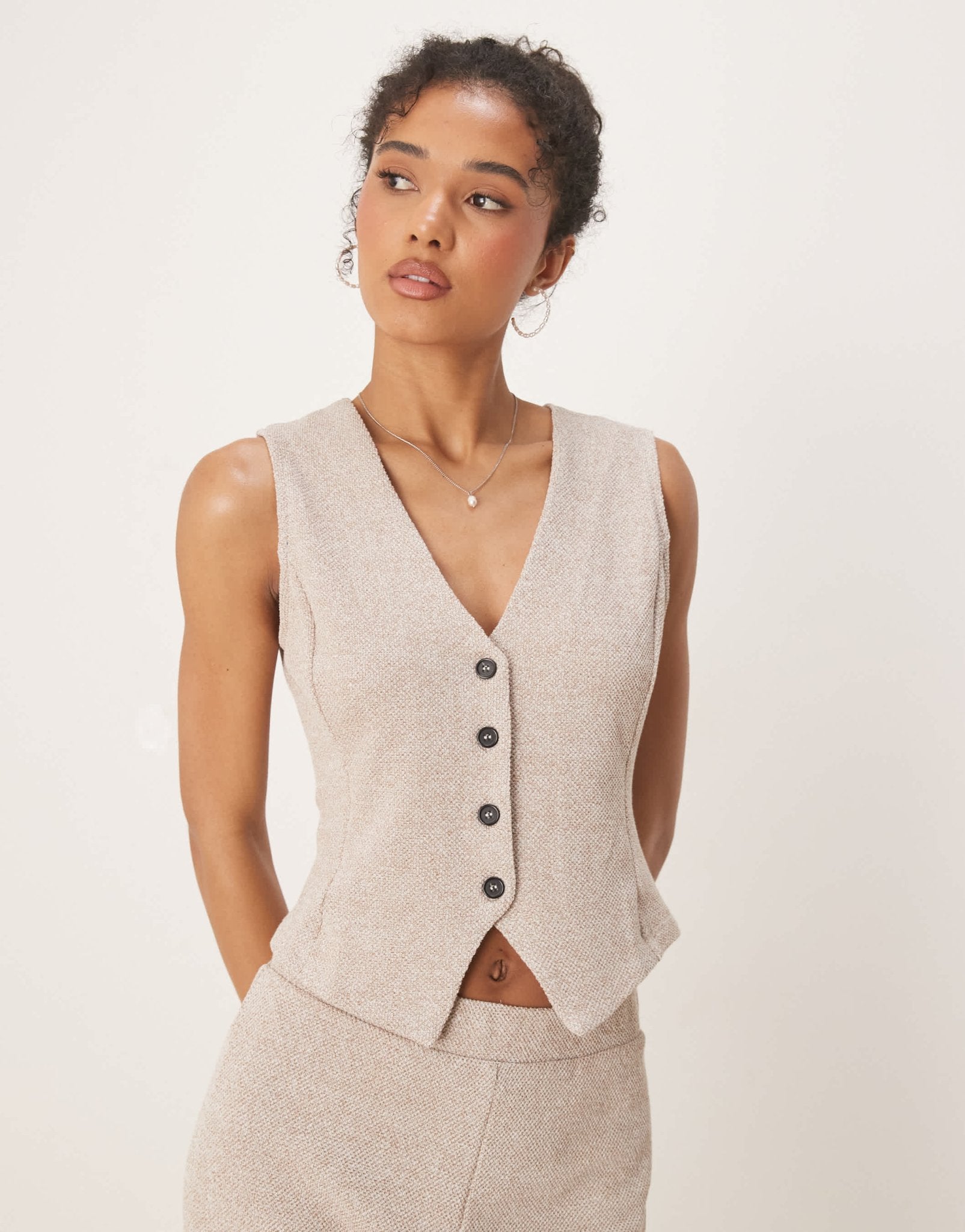 Vila textured jersey waistcoat co-ord in light natural melange - ASOS Sample Sale