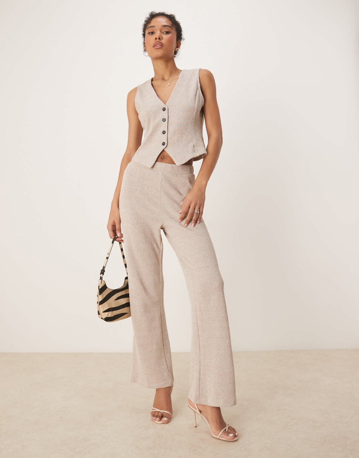Vila textured jersey wide leg trouser co-ord in light natural melange - ASOS Sample Sale
