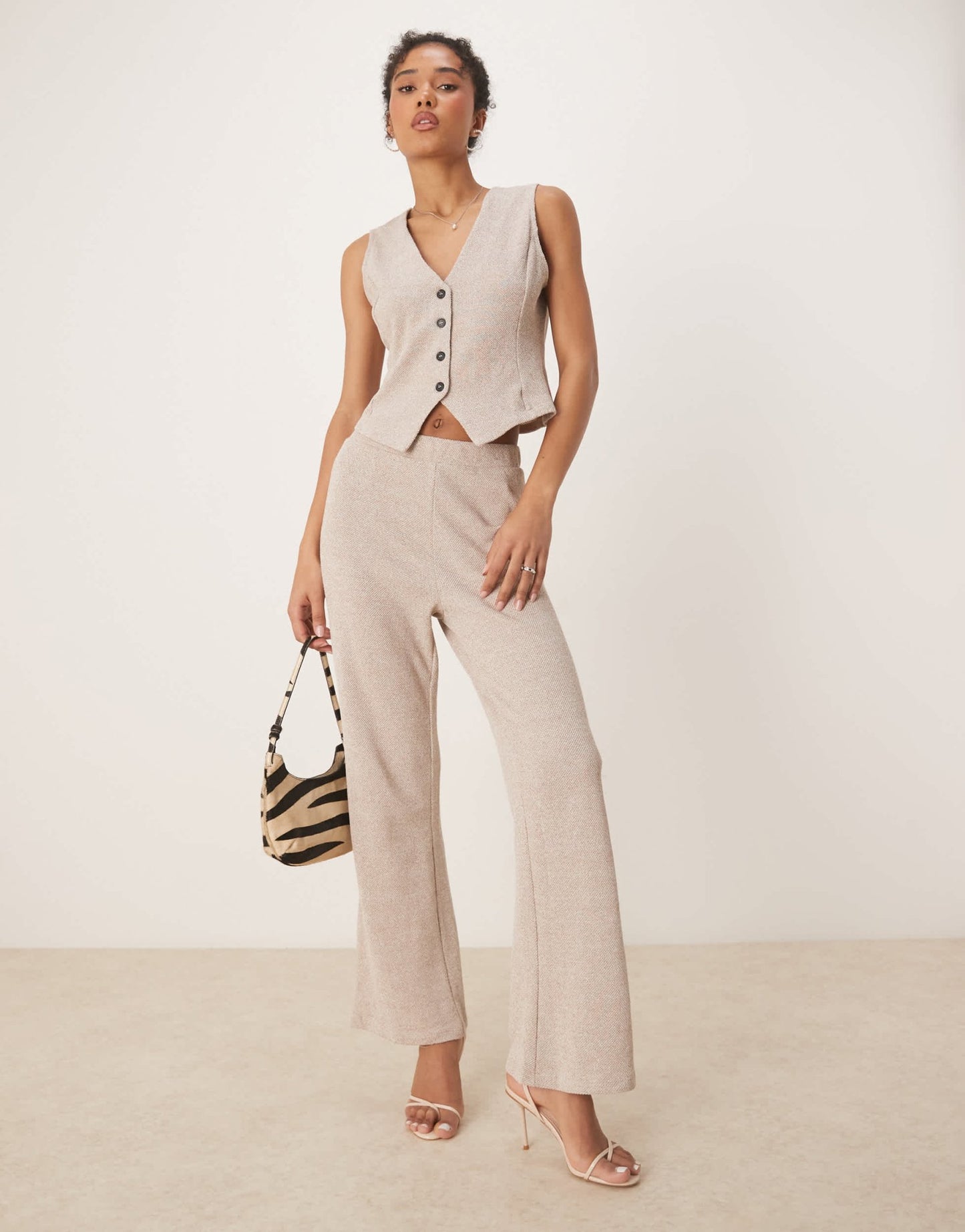 Vila textured jersey wide leg trouser co-ord in light natural melange - ASOS Sample Sale