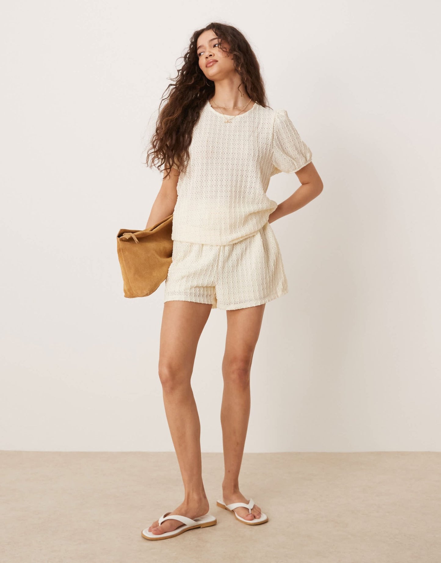 Vila textured puff sleeve t-shirt co - ord in cream - ASOS Sample Sale