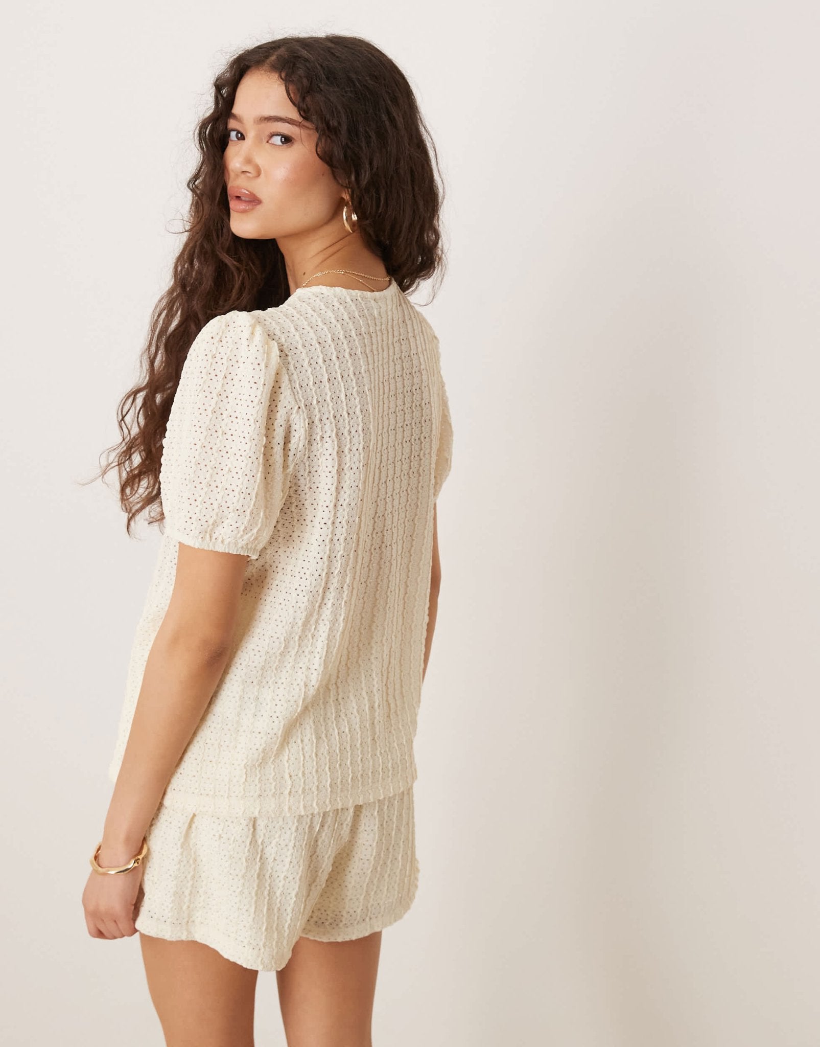 Vila textured puff sleeve t-shirt co - ord in cream - ASOS Sample Sale