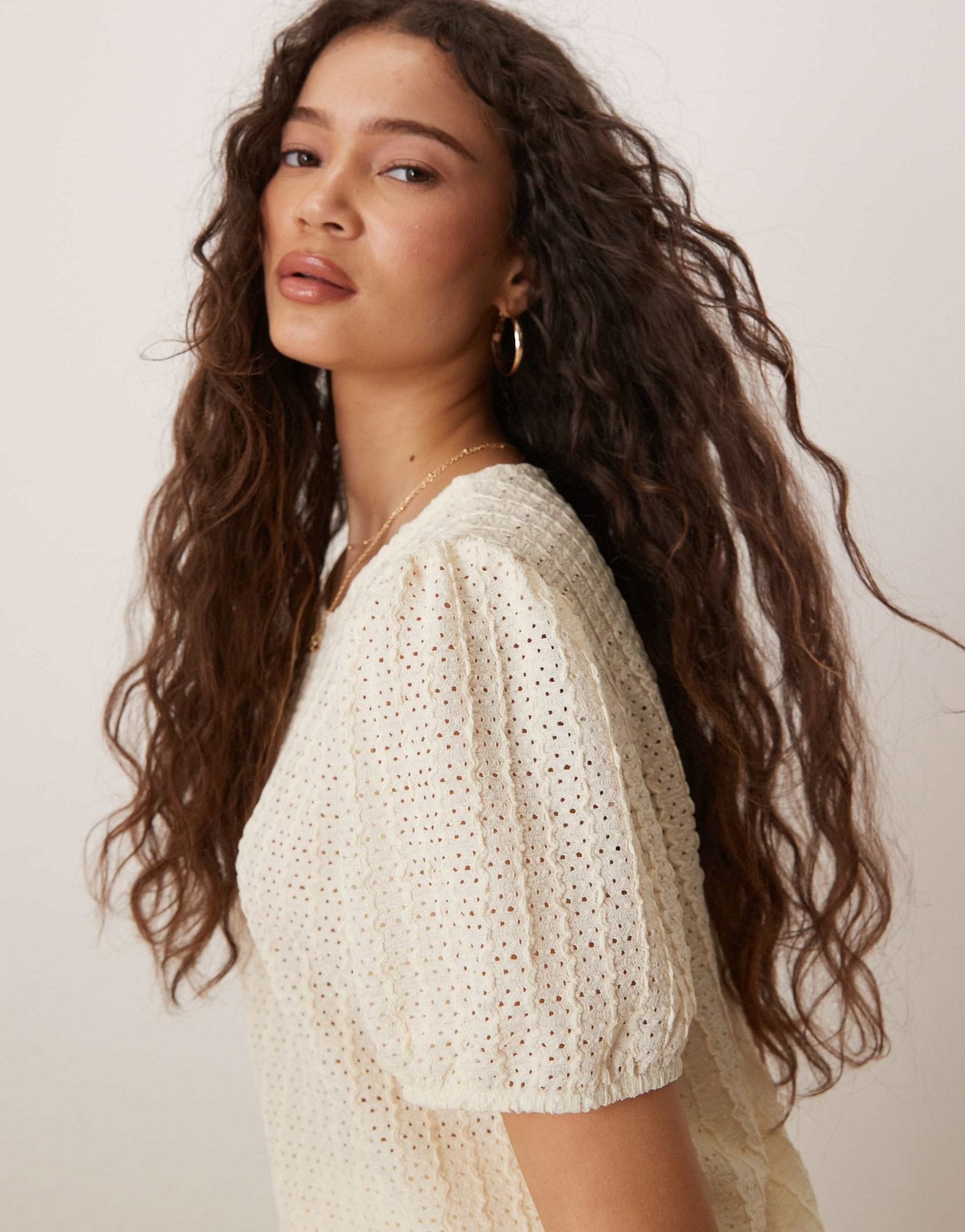 Vila textured puff sleeve t-shirt co - ord in cream - ASOS Sample Sale