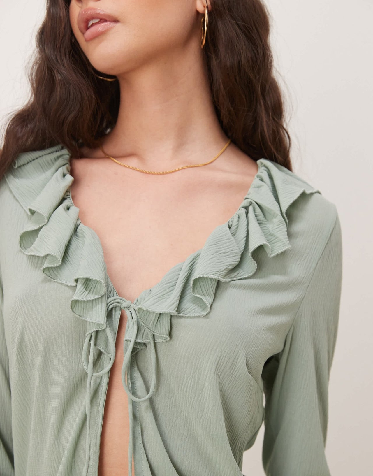 Vila textured ruffle tie front jersey top co-ord in milieu green - ASOS Sample Sale