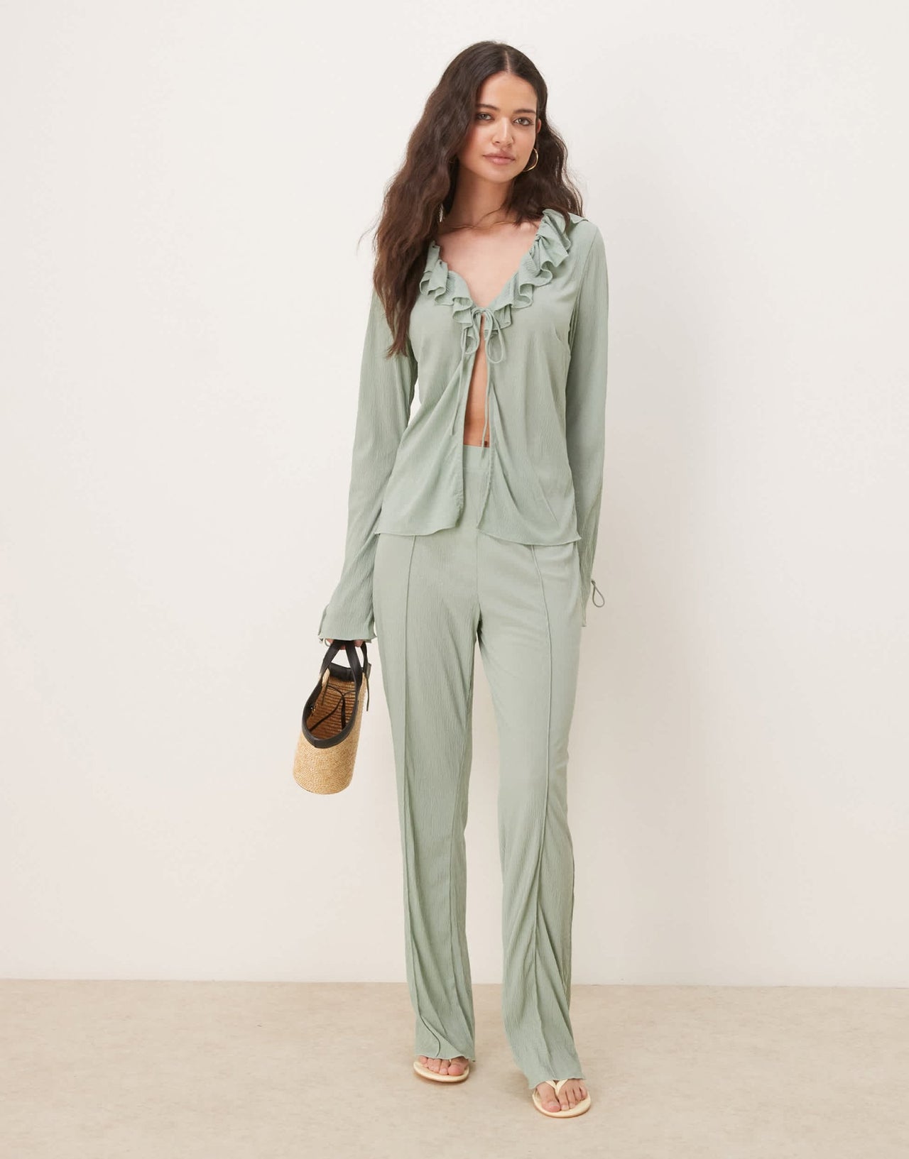Vila textured ruffle tie front jersey top co-ord in milieu green - ASOS Sample Sale