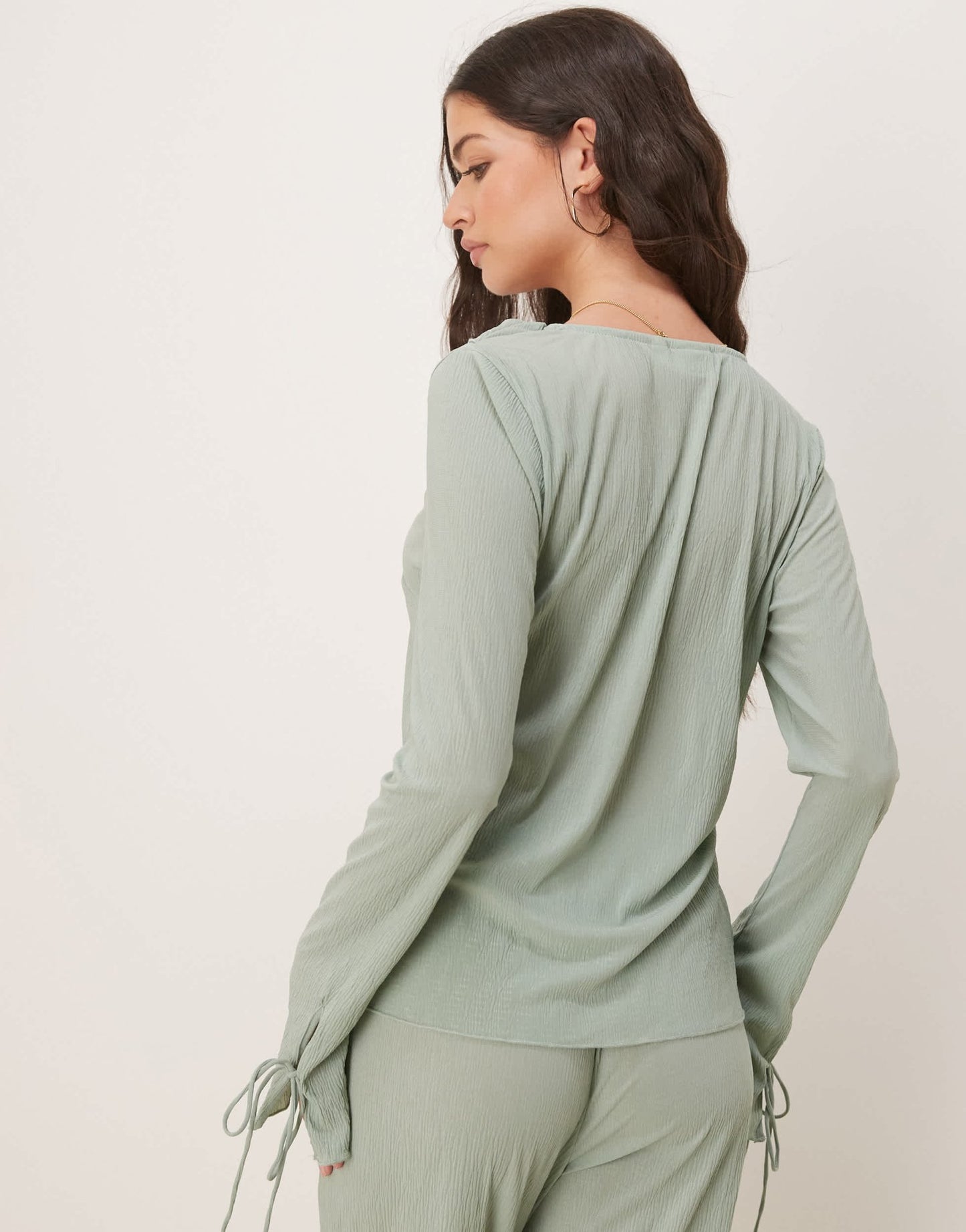 Vila textured ruffle tie front jersey top co-ord in milieu green - ASOS Sample Sale