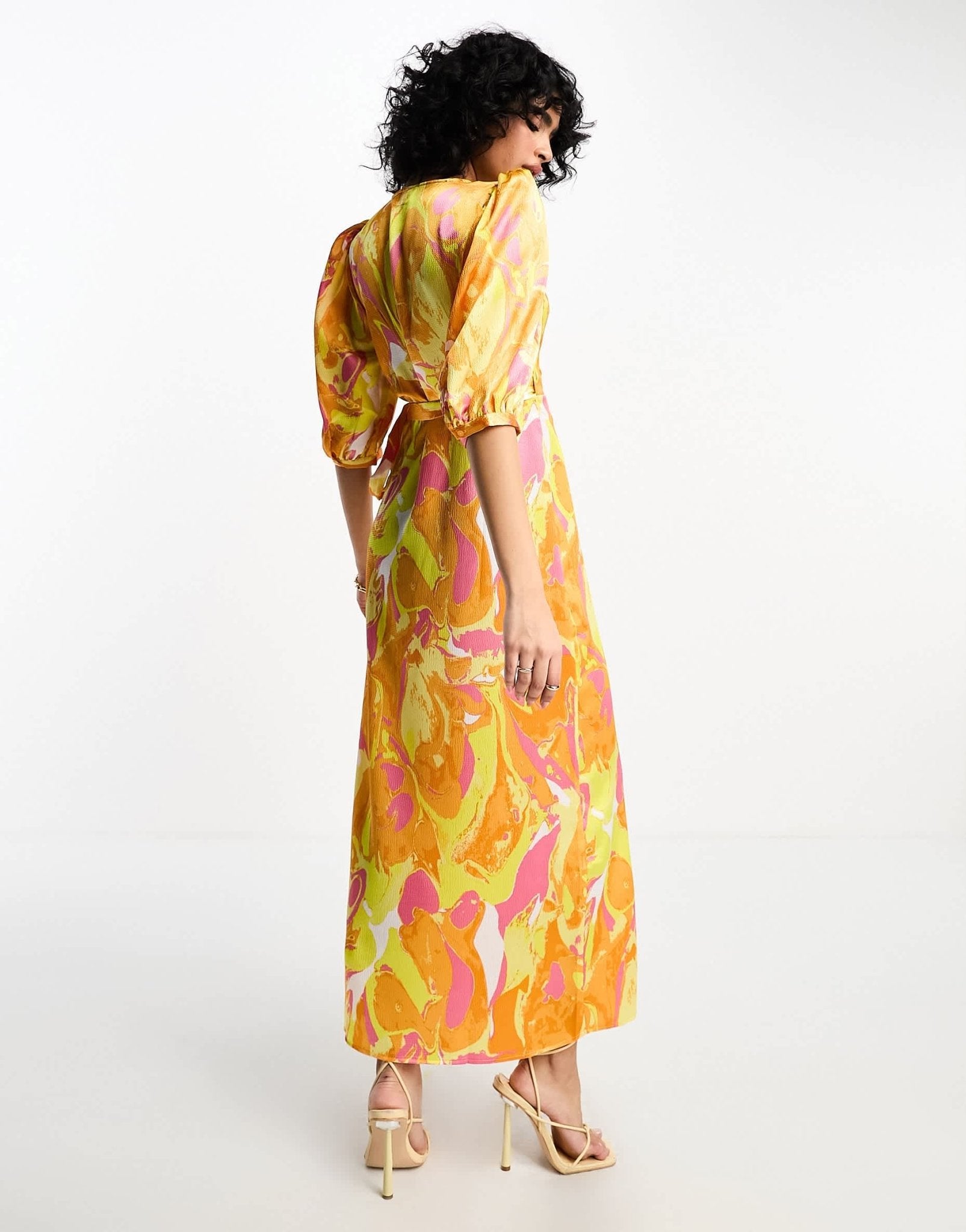 Vila textured satin wrap midi dress in orange abstract print - ASOS Sample Sale