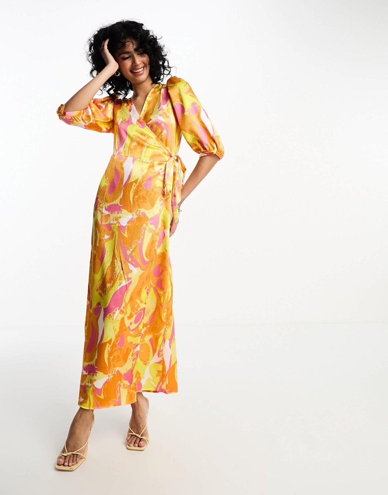 Vila textured satin wrap midi dress in orange abstract print - ASOS Sample Sale