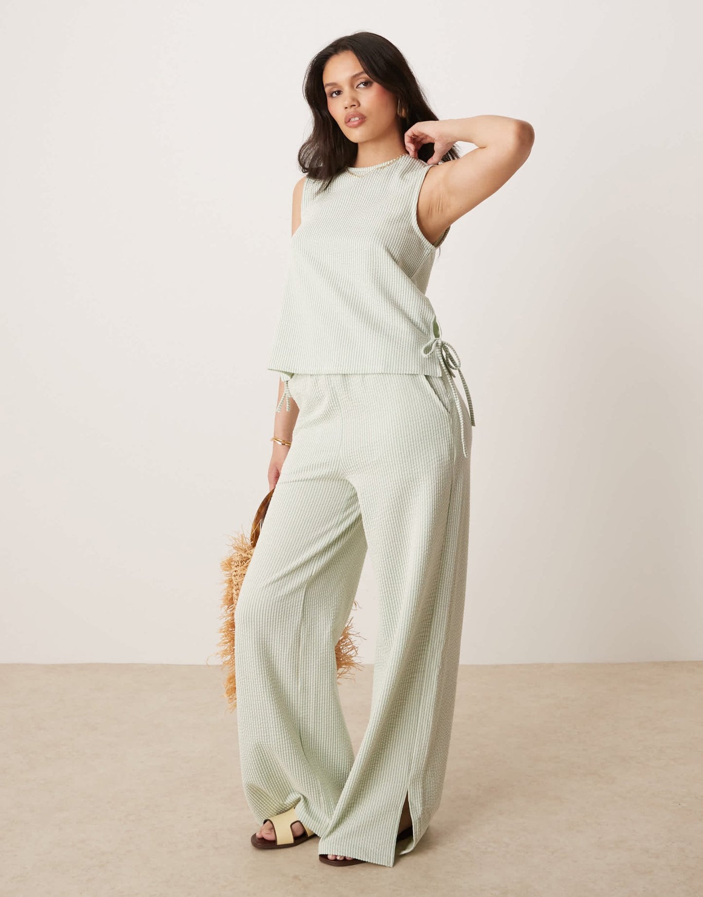 Vila textured stripe sleevless tie side top co - ord in green and cream - ASOS Sample Sale