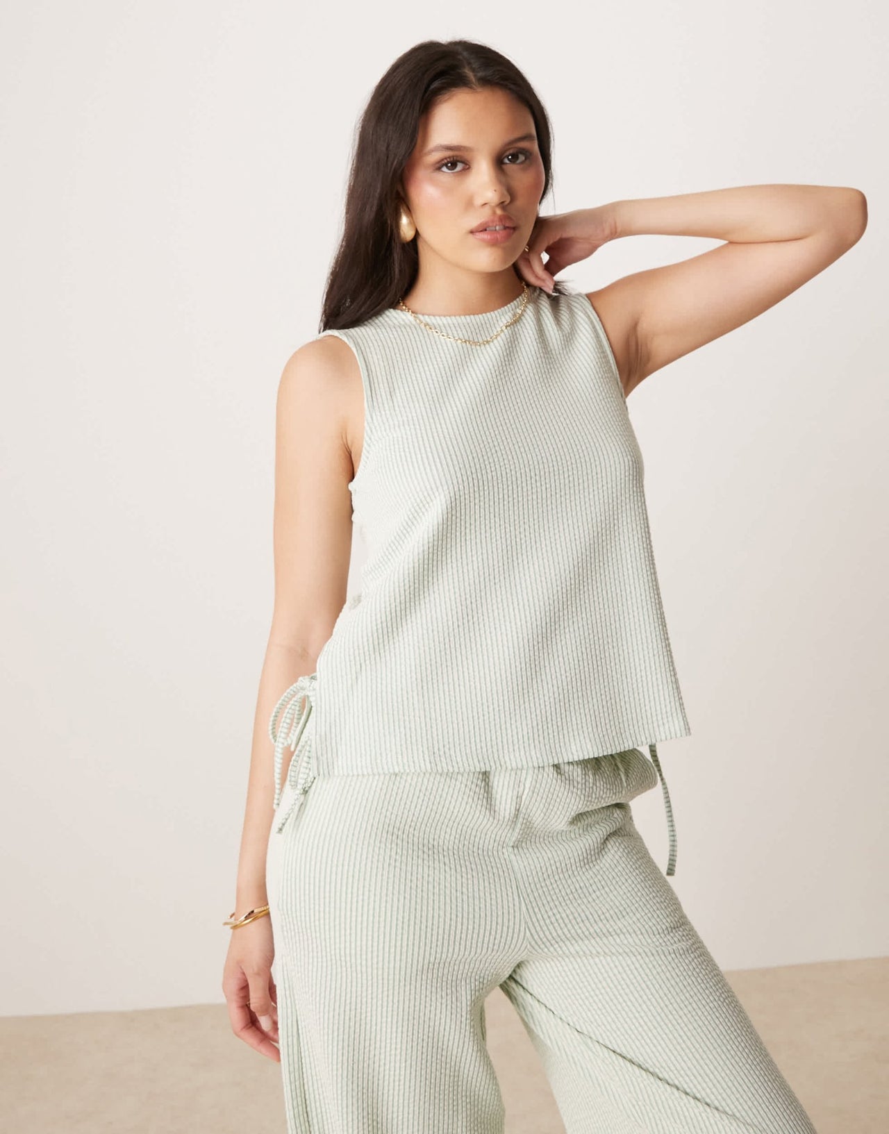 Vila textured stripe sleevless tie side top co - ord in green and cream - ASOS Sample Sale