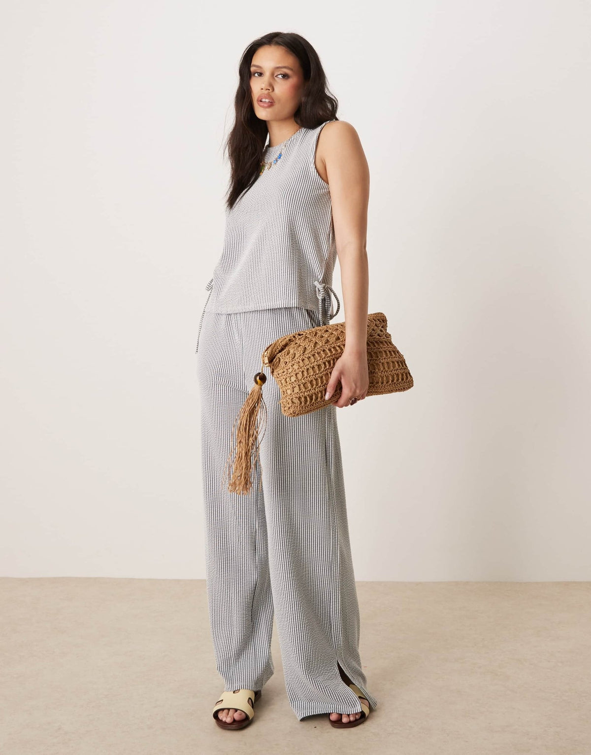 Vila textured stripe wide leg trouser co-ord in black and cream - ASOS Sample Sale