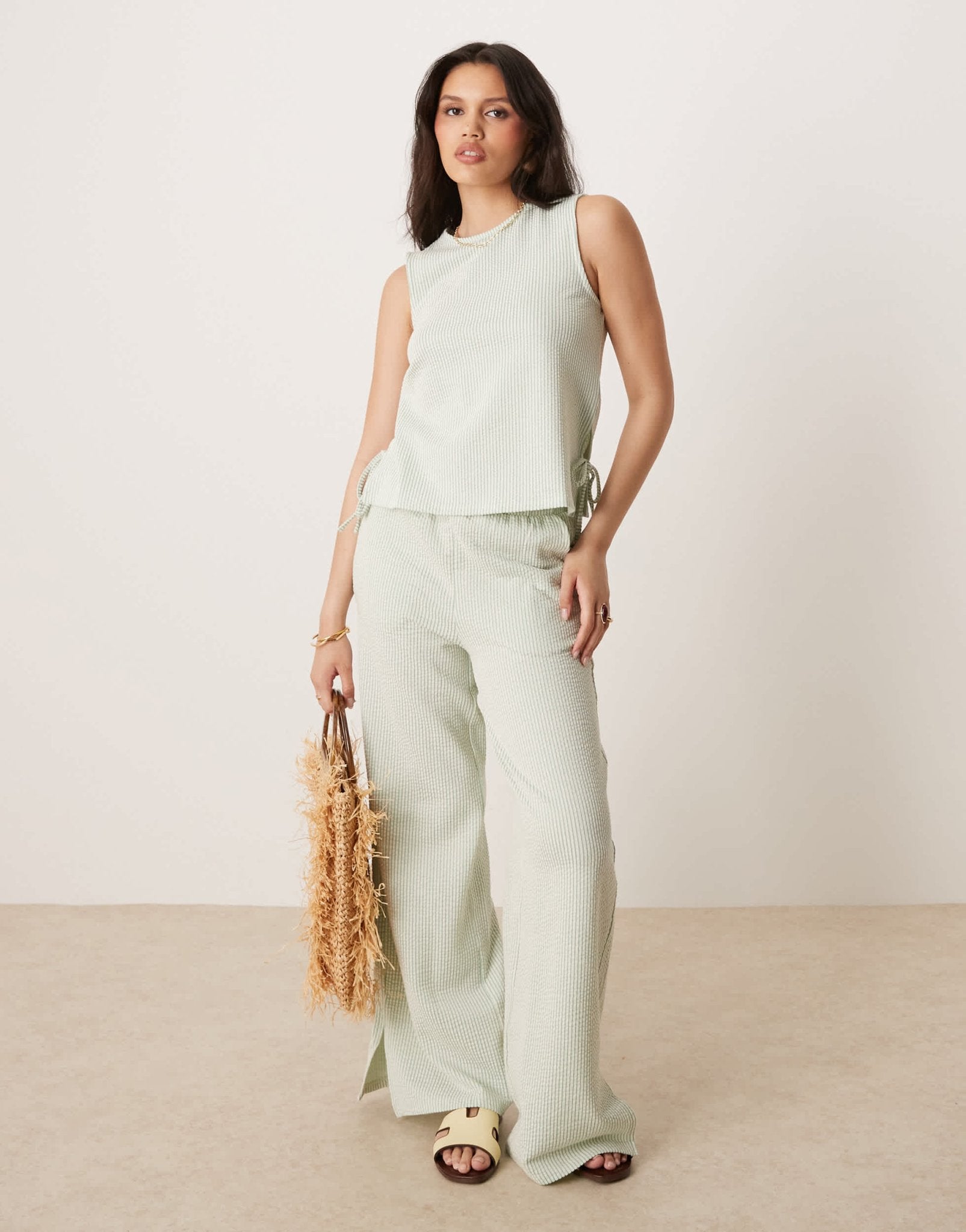 Vila textured stripe wide leg trouser co-ord in green and cream - ASOS Sample Sale