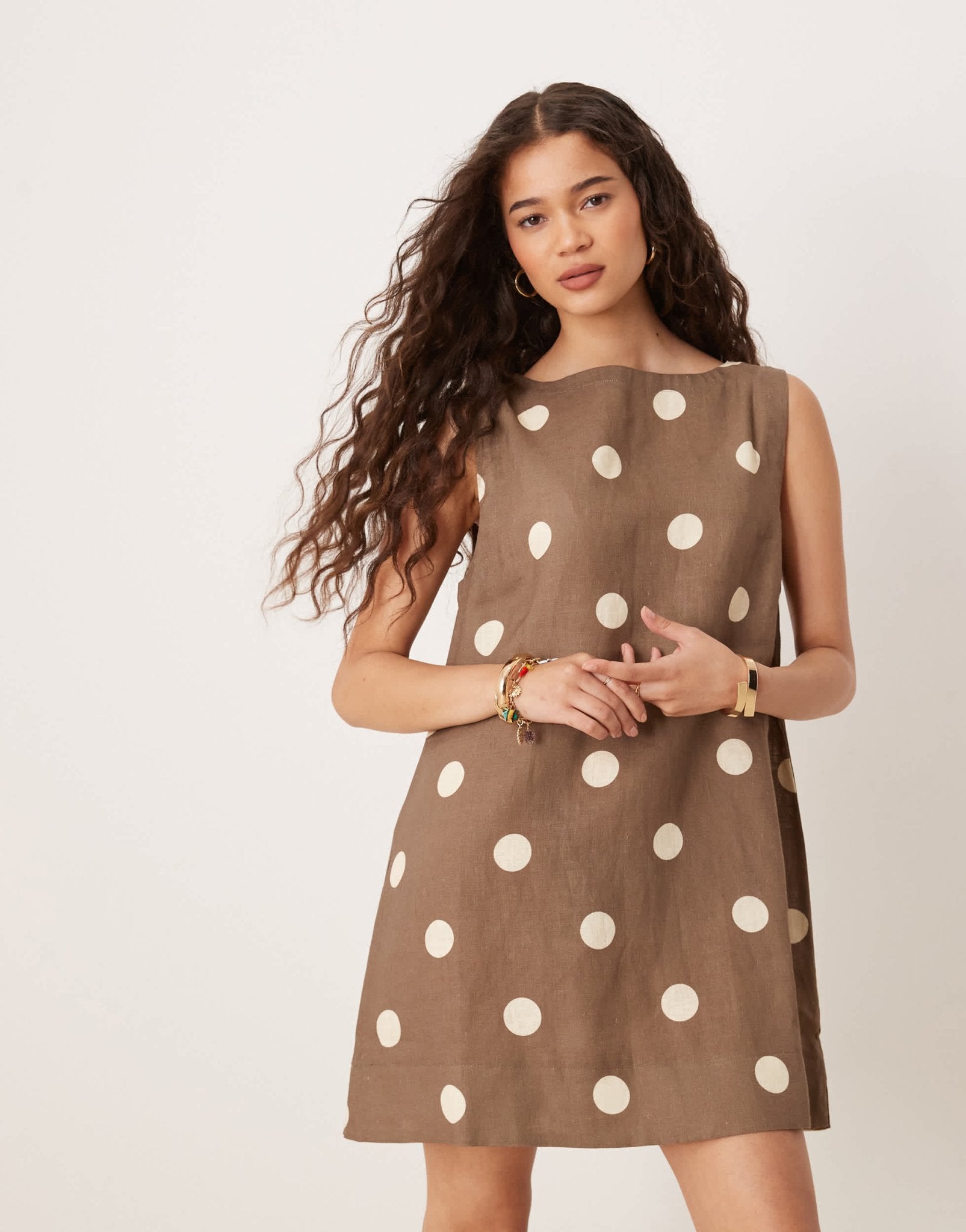 VRG GRL aftersun polka dot linen mini shift dress in brown - ASOS Sample Sale