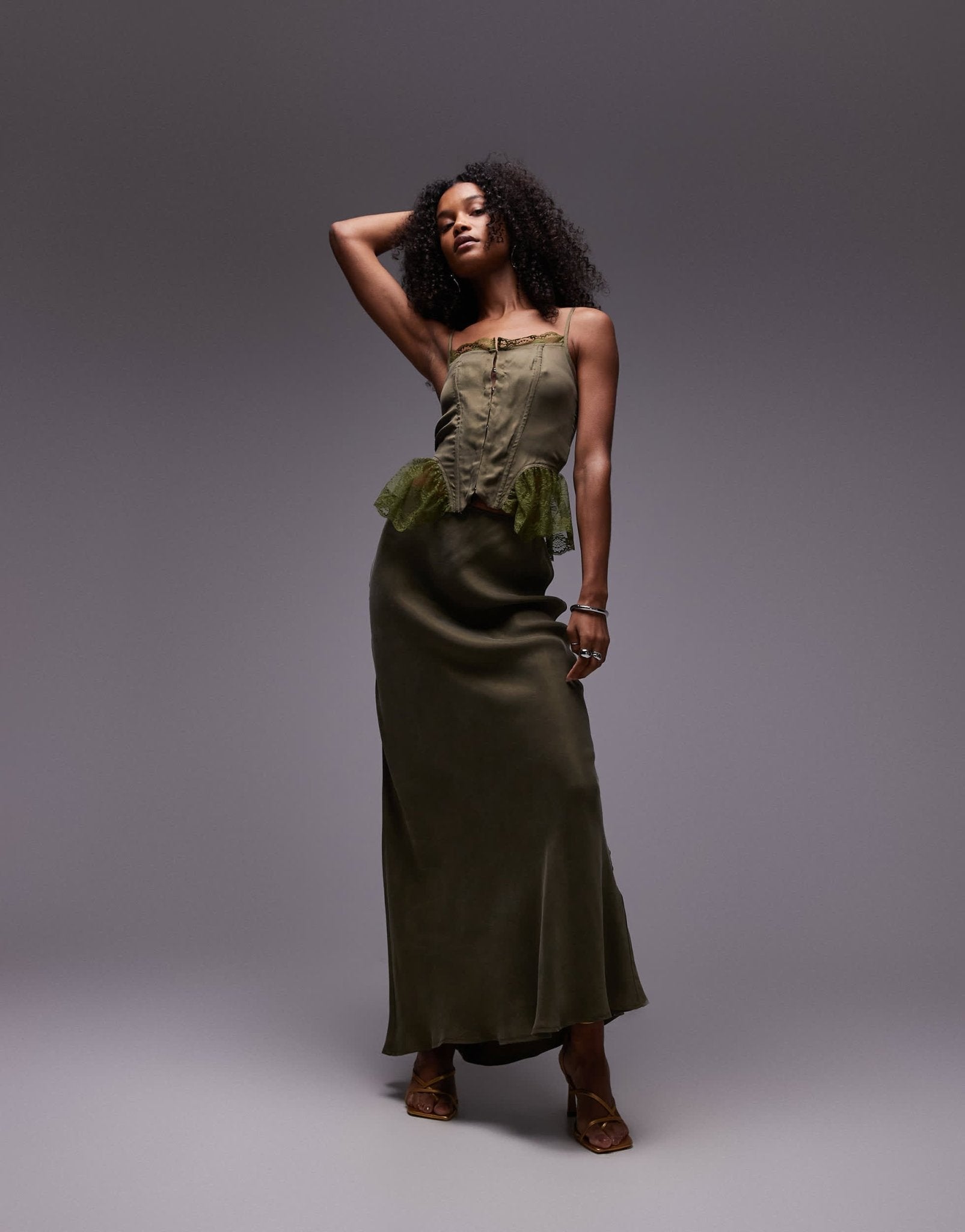 VRG GRL ena bias cut maxi skirt co - ord in green - ASOS Sample Sale