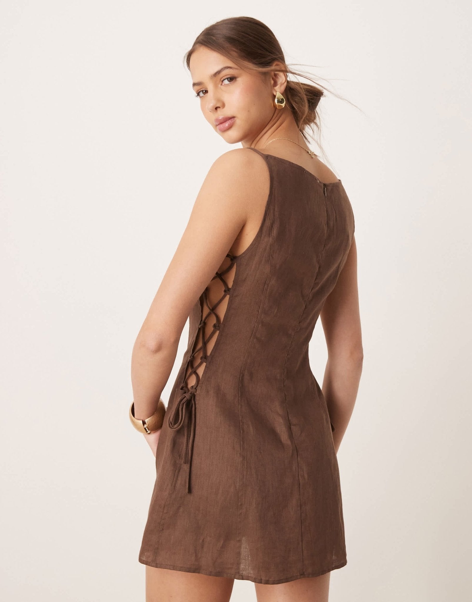 VRG GRL nova linen mini dress with tie side in brown - ASOS Sample Sale