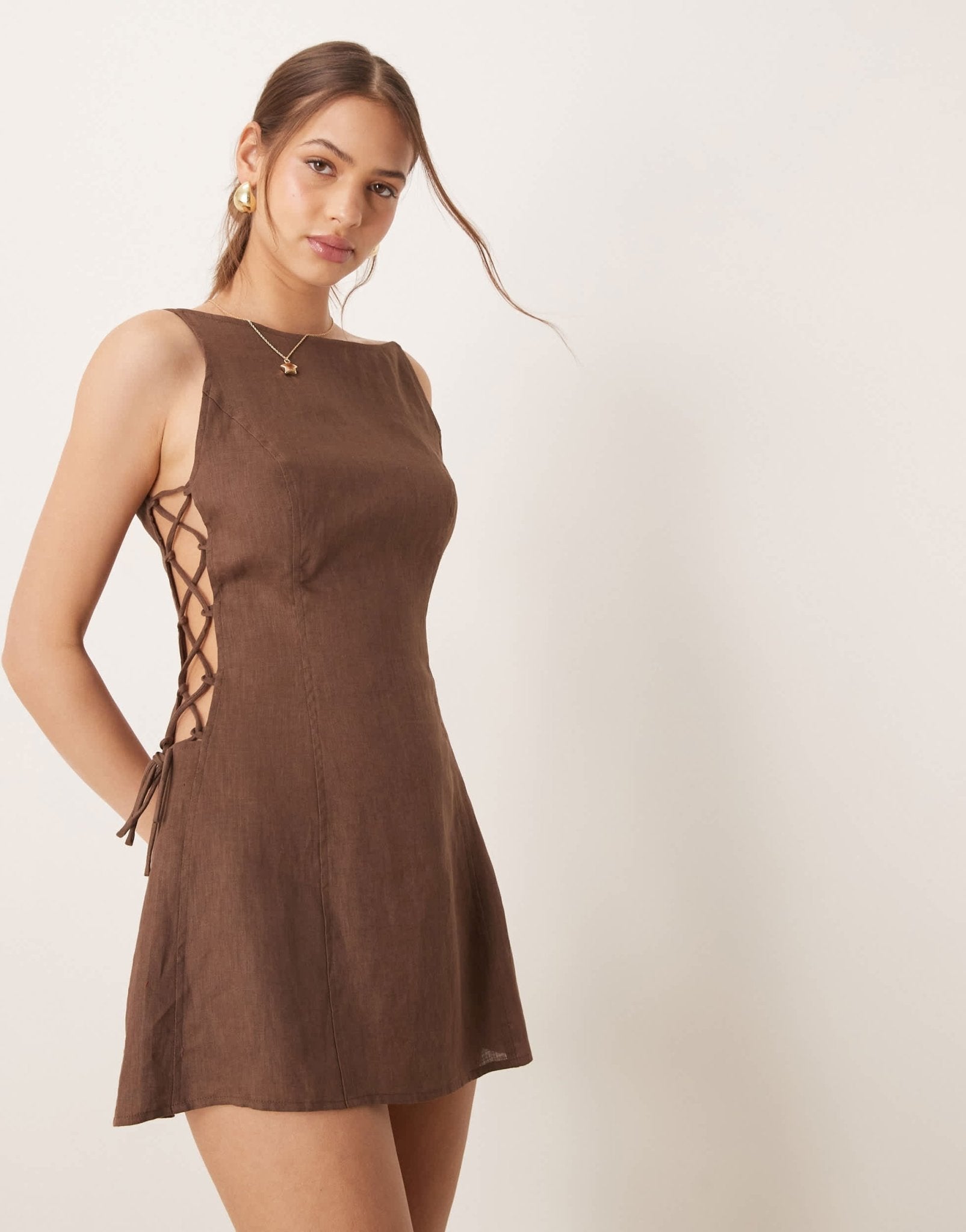 VRG GRL nova linen mini dress with tie side in brown - ASOS Sample Sale