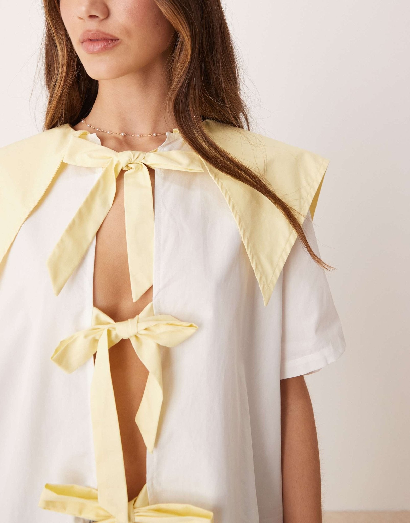 VRG GRL romy tie-detail smock blouse in white and lemon - ASOS Sample Sale