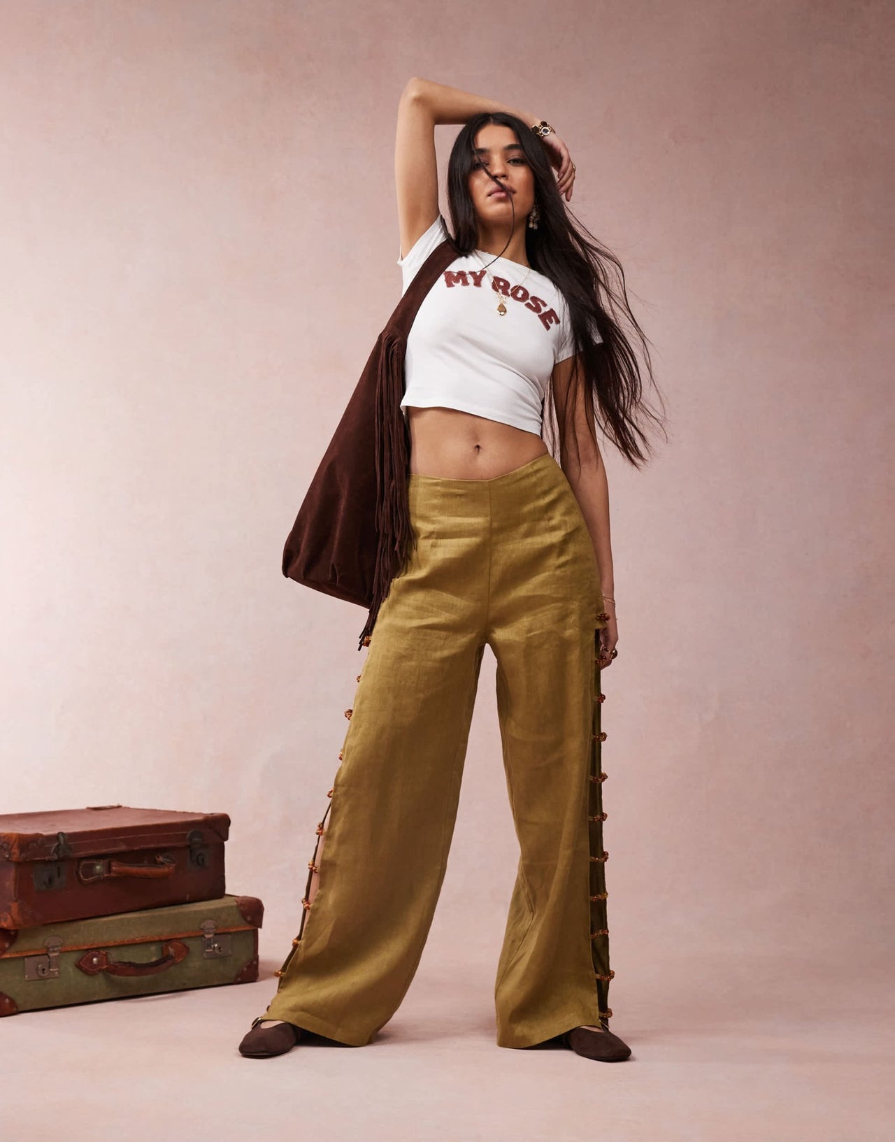 VRG GRL tia linen pants with bead detailing in olive co-ord - ASOS Sample Sale