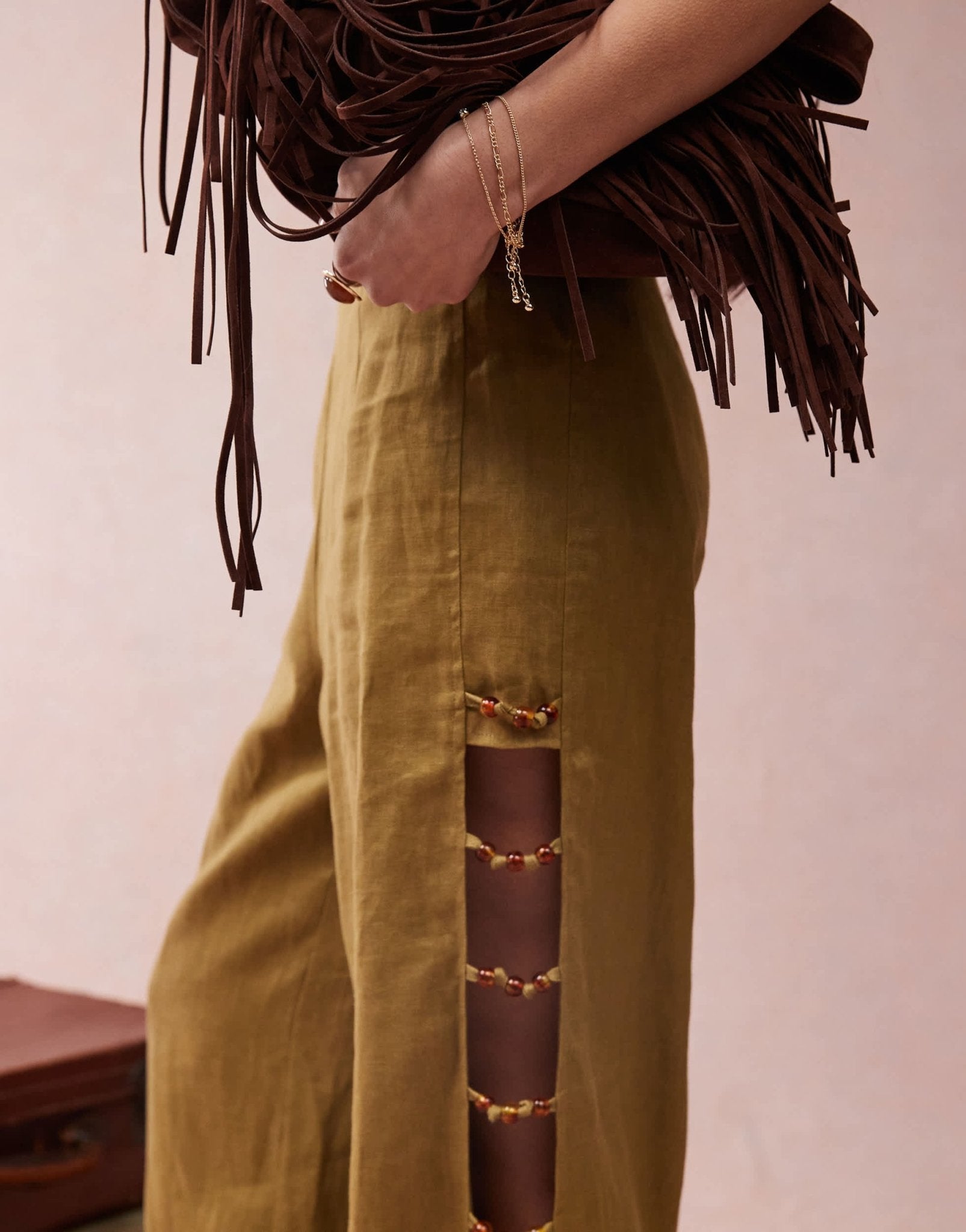 VRG GRL tia linen pants with bead detailing in olive co-ord - ASOS Sample Sale