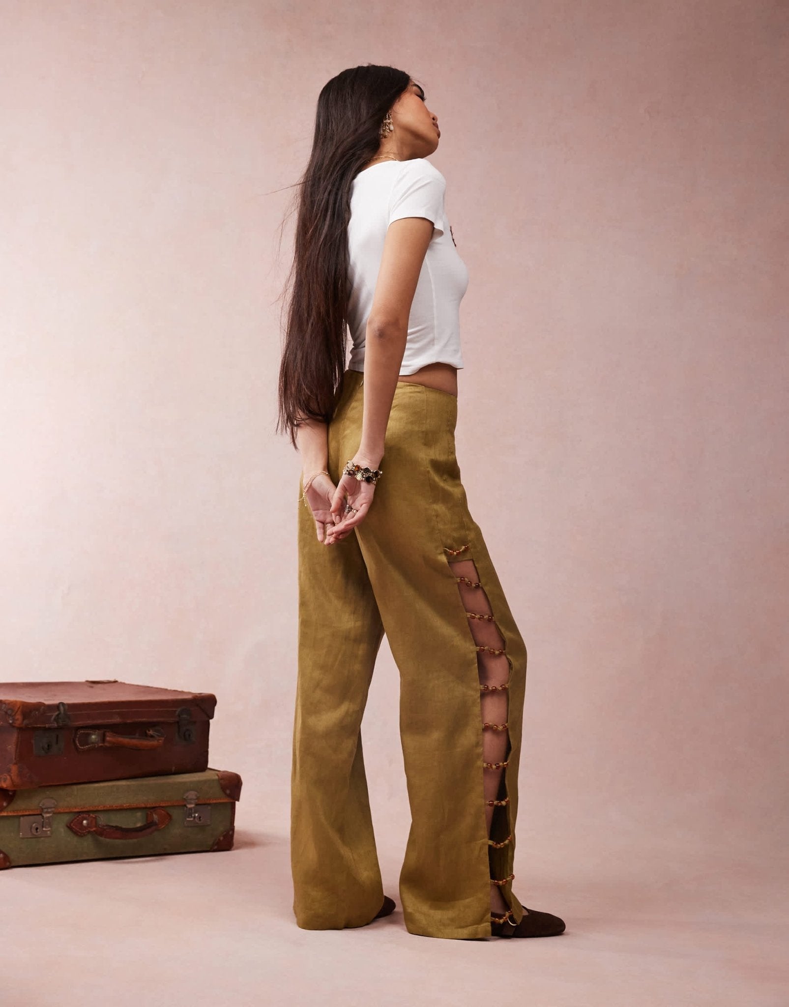 VRG GRL tia linen pants with bead detailing in olive co-ord - ASOS Sample Sale