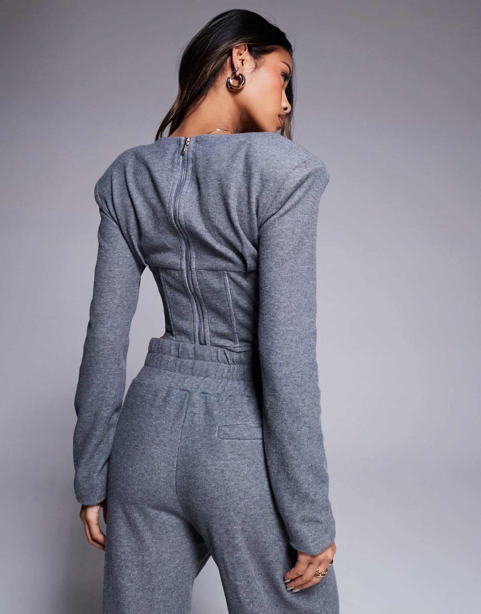 Wanderdoll Constance padded shoulder long sleeve corset top co-ord in charcoal - ASOS Sample Sale