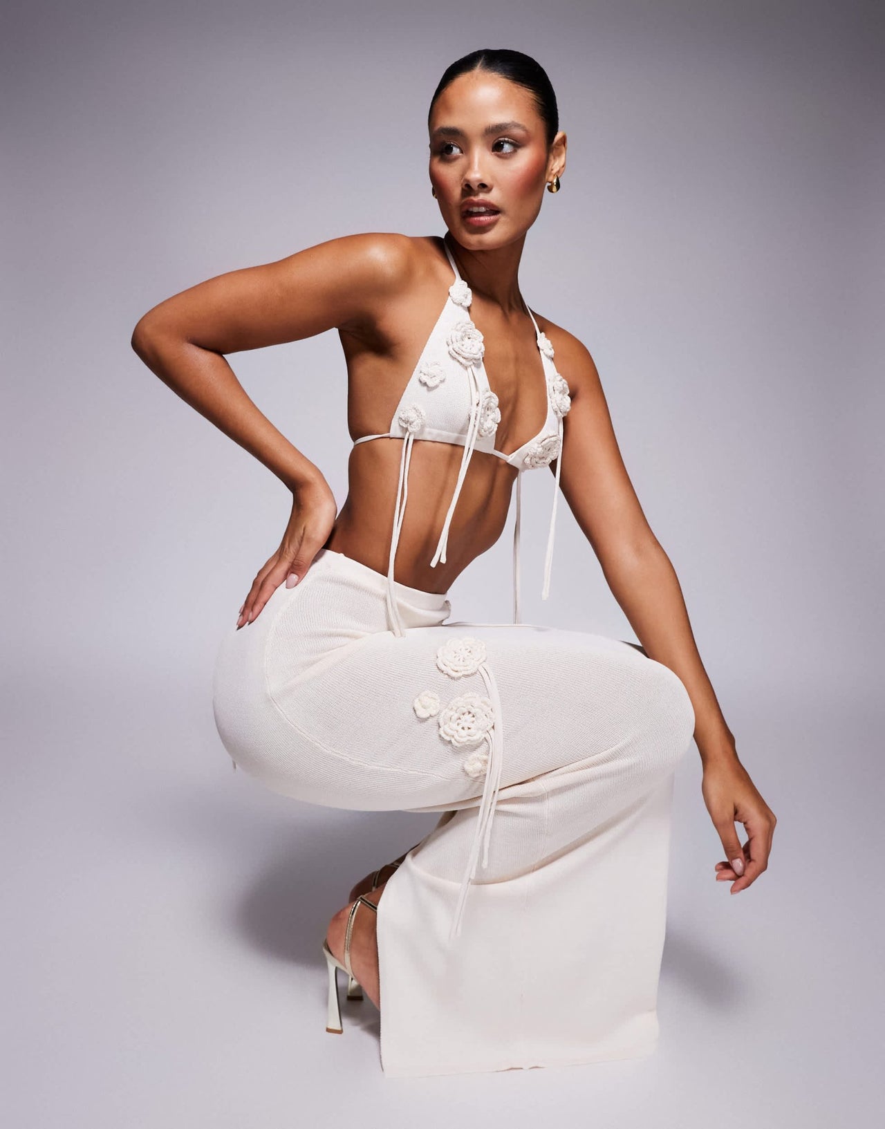 Wanderdoll Delilah knitted corsage detail maxi skirt co - ord in vanilla - ASOS Sample Sale