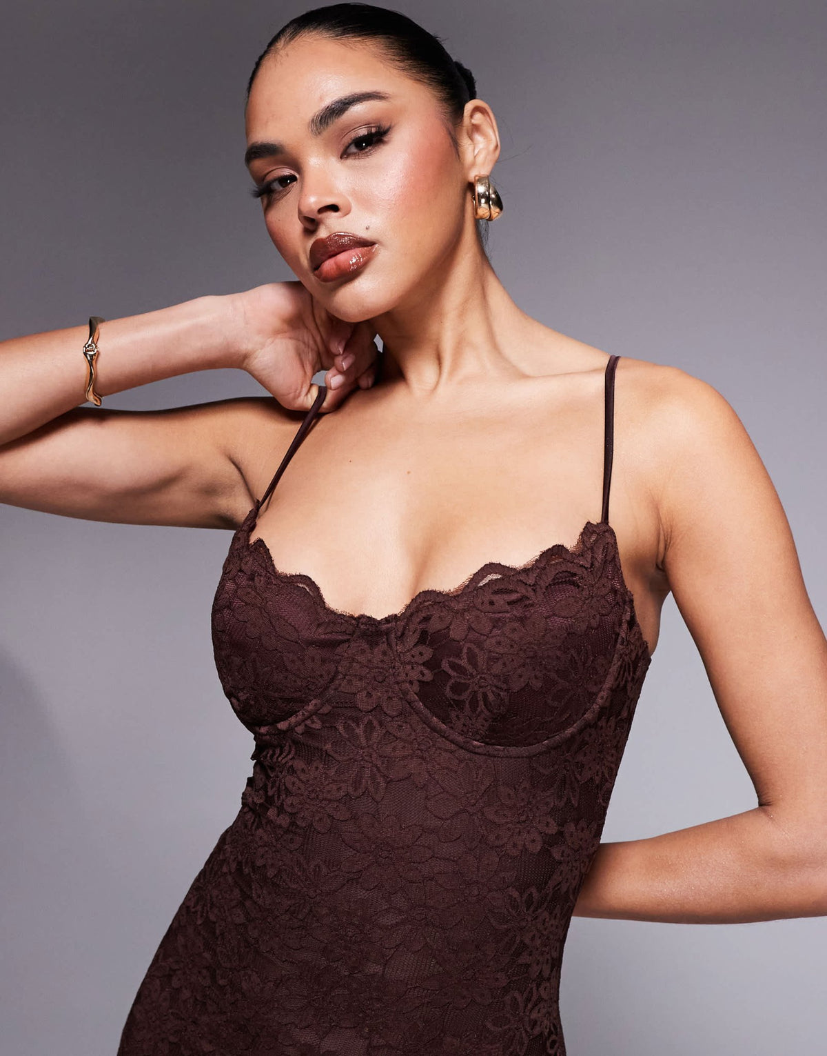 Wanderdoll Leah structured cami lace fishtail maxi dress in chocolate - ASOS Sample Sale