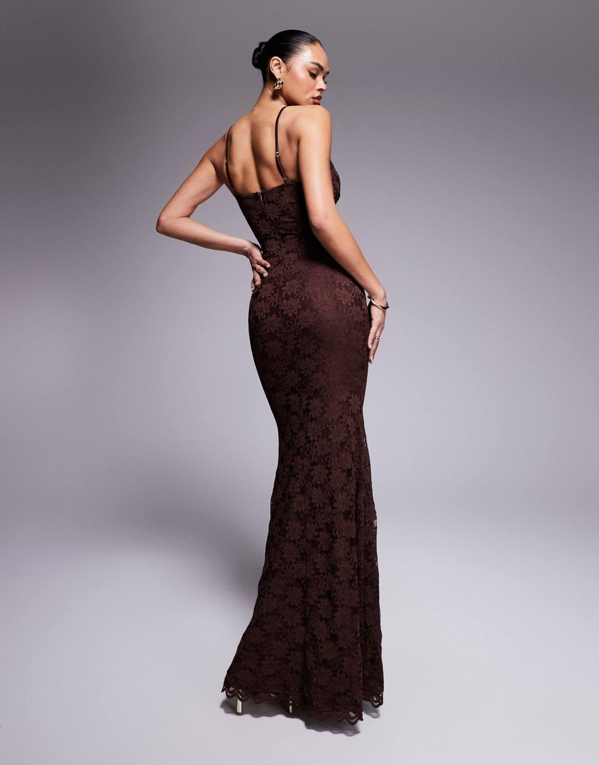 Wanderdoll Leah structured cami lace fishtail maxi dress in chocolate - ASOS Sample Sale
