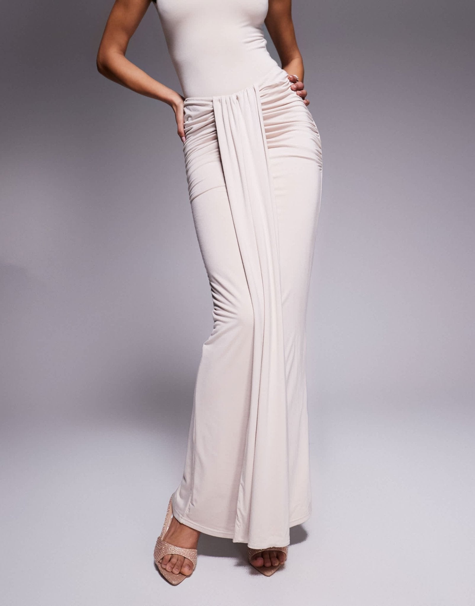 Wanderdoll Nara sculpting second skin drape front maxi skirt co - ord in cream - ASOS Sample Sale