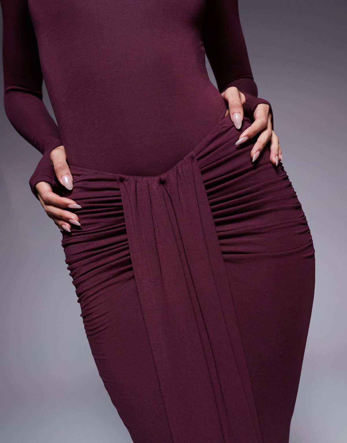 Wanderdoll Nara sculpting second skin drape front maxi skirt co-ord in plum - ASOS Sample Sale